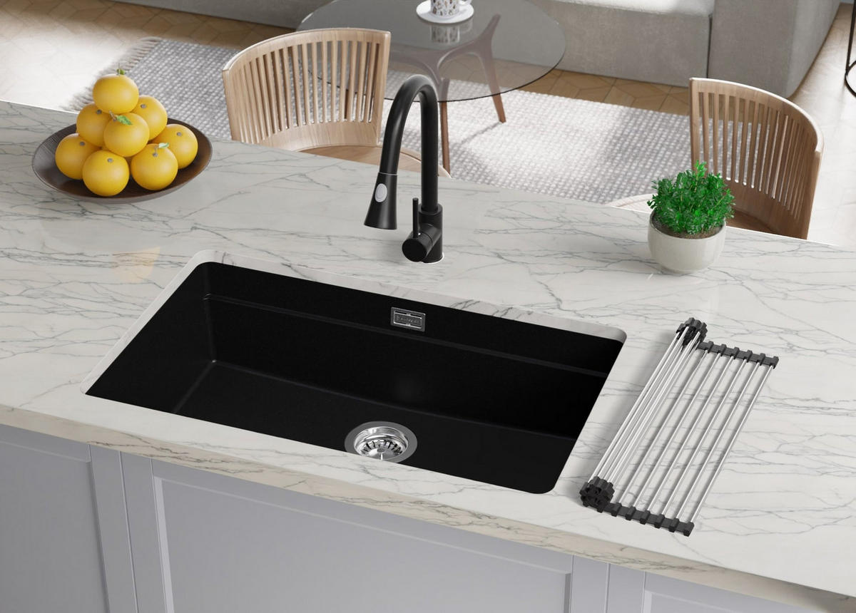 UNTERBAUSPÜLE GRANIT Praga, 2-er set Schwarz 76/47 cm 1 Becken + Küchenarmatur 32/20 cm + Ablauf-Set + Aufrollbare Abtropffläche ab 80er Unterschrank - Chromfarben/Schwarz, Kunststoff (76/20/47cm) - Primagran