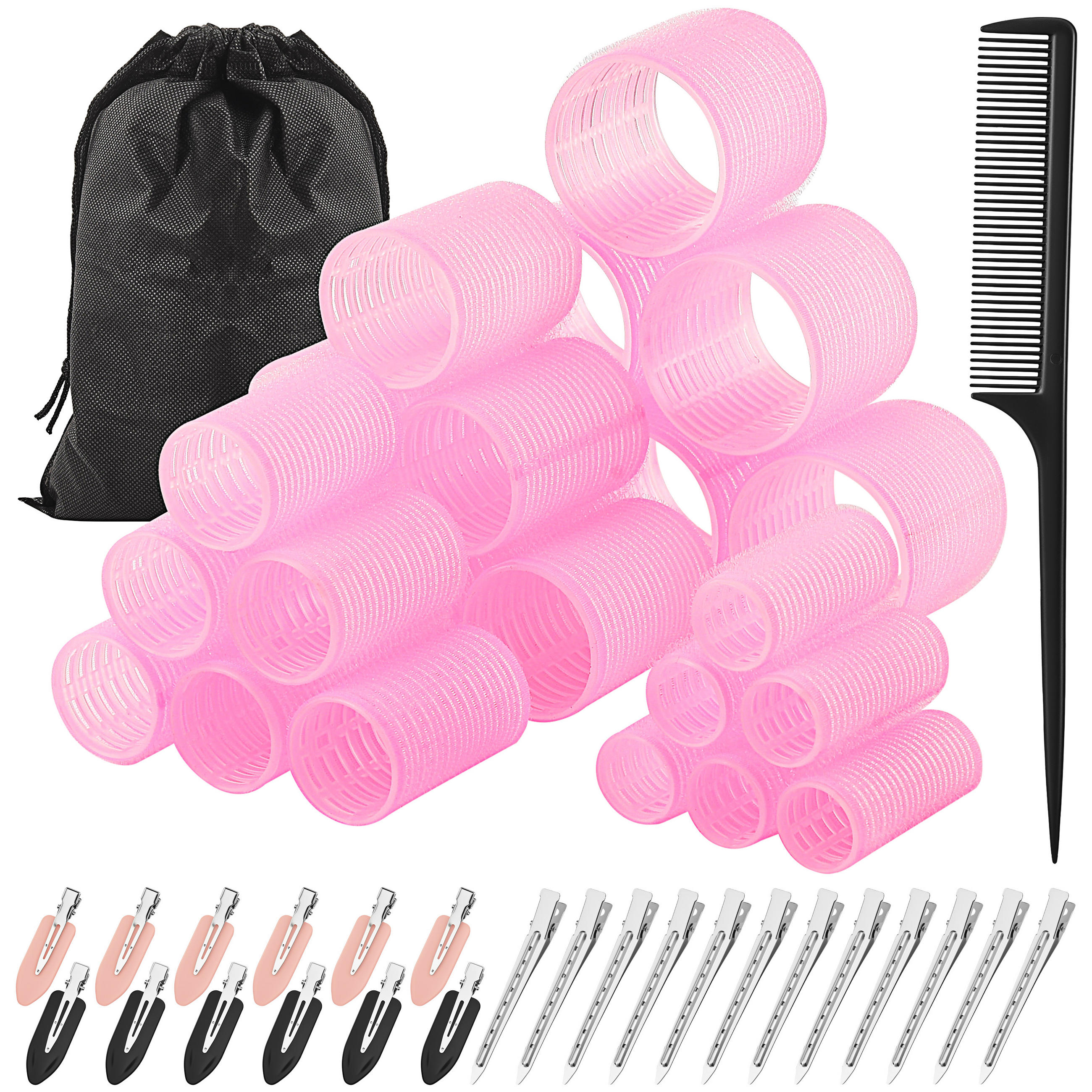 LOCKENWICKLER Set 50 Stück Selbsthaftend mit Clips 4 Größen Haarroller - Rosa, Kunststoff (5.5/6.3/5.5cm)