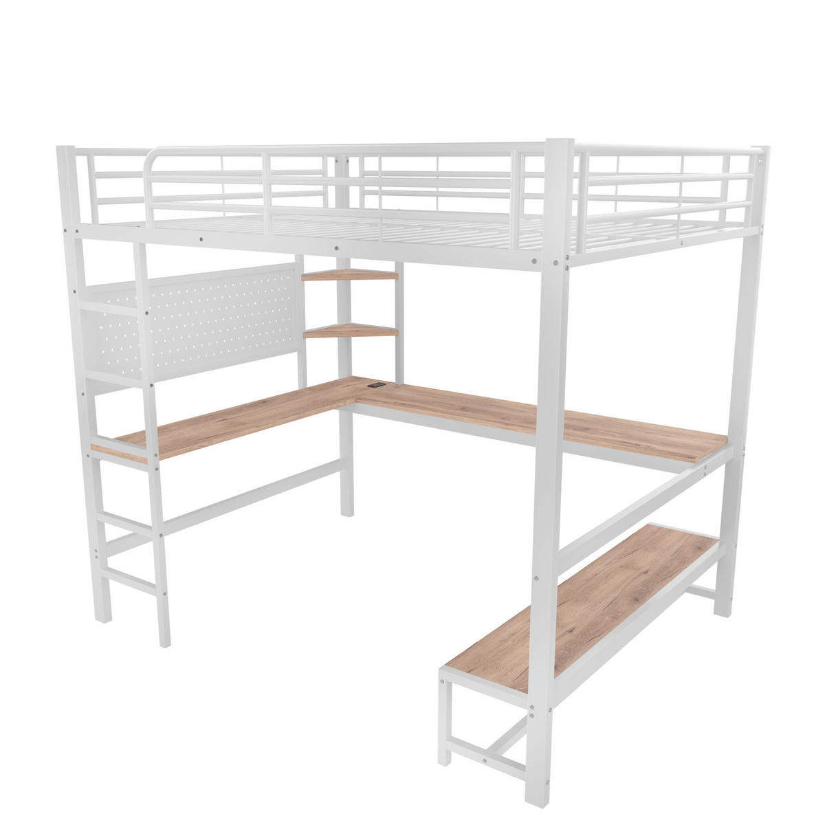 HOCHBETT aus Metall 140x200 cm Weiß mit Schreibtisch, LED, USB-C, Ablagen und Lochwand - Weiß, Metall (90/200cm) - Modfu