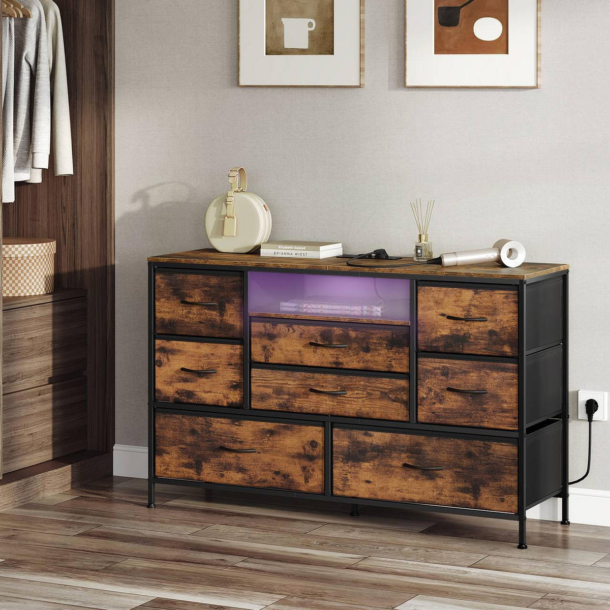 KOMMODE mit 8 Schubladen, mit Ladefunktion, Rustikales Braun - Dunkelbraun/Schwarz, Holzwerkstoff/Textil (120/75/36cm) - Woltu