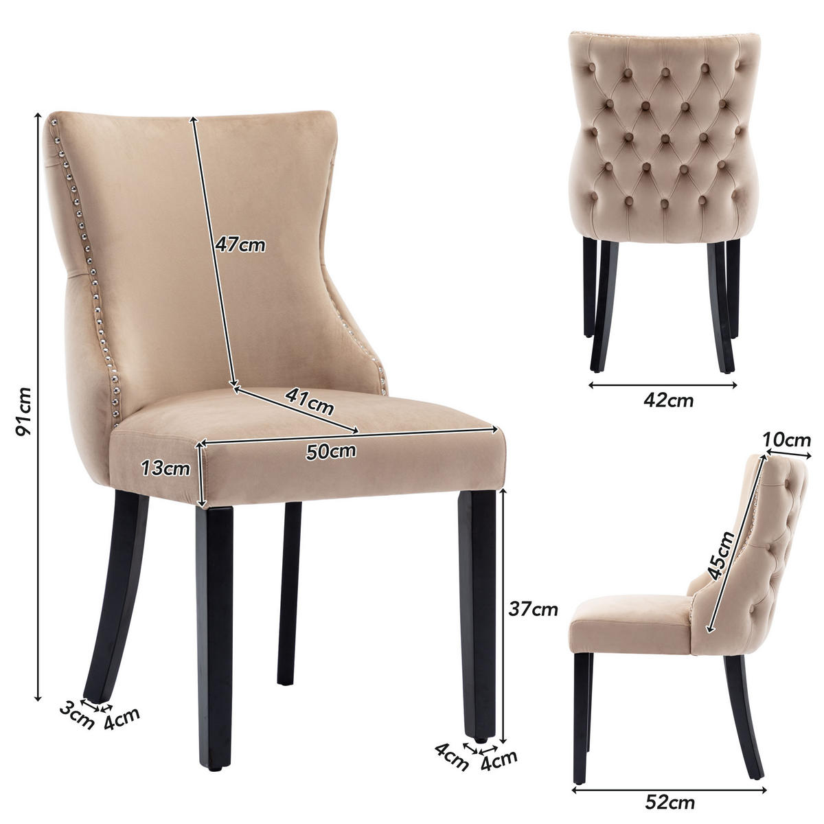 ECKESSESSEL 2er-Set mit Samtbezug und Massivholz, ergonomisch gepolstert, moderner Esszimmerstuhl, beige - Beige, Textil (52/91/50cm) - Luhomfu