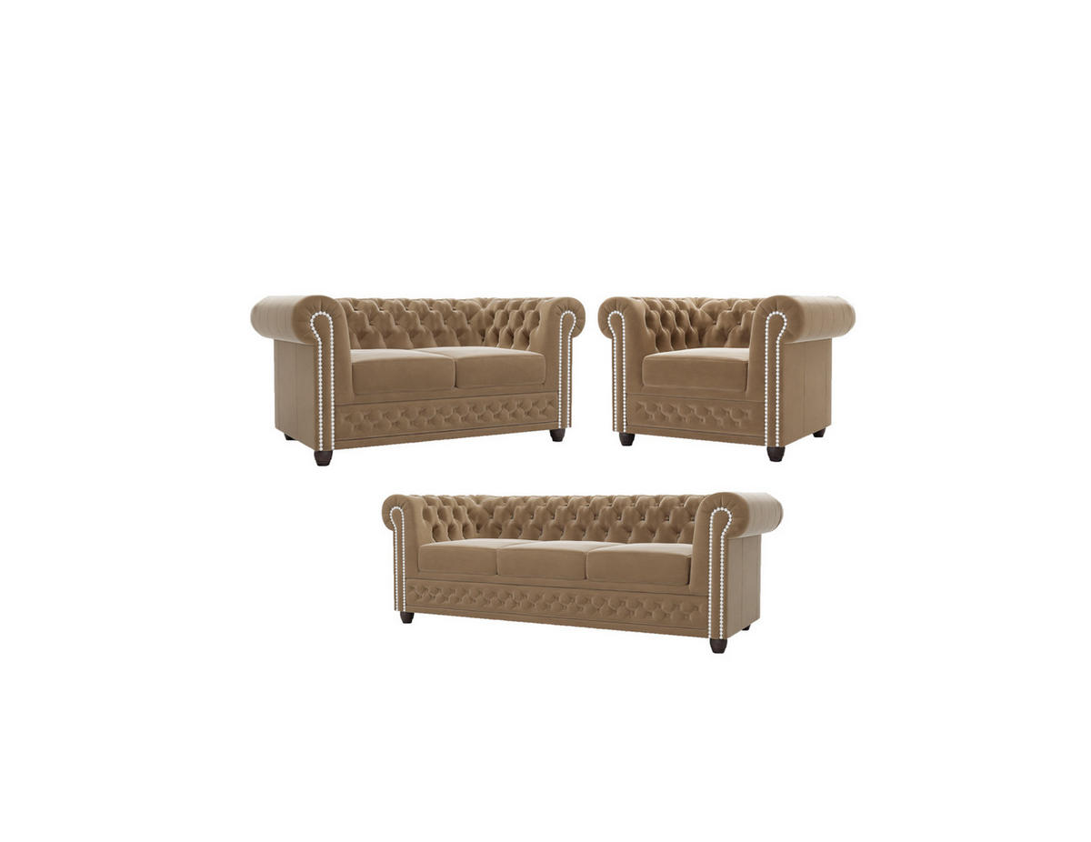 SITZGARNITUR mit Schlaffunktion 3+2+1 Chesterfield Nyx Beige Samt - Beige/Braun, Holz/Textil (203/72/86cm) - S-Style Möbel