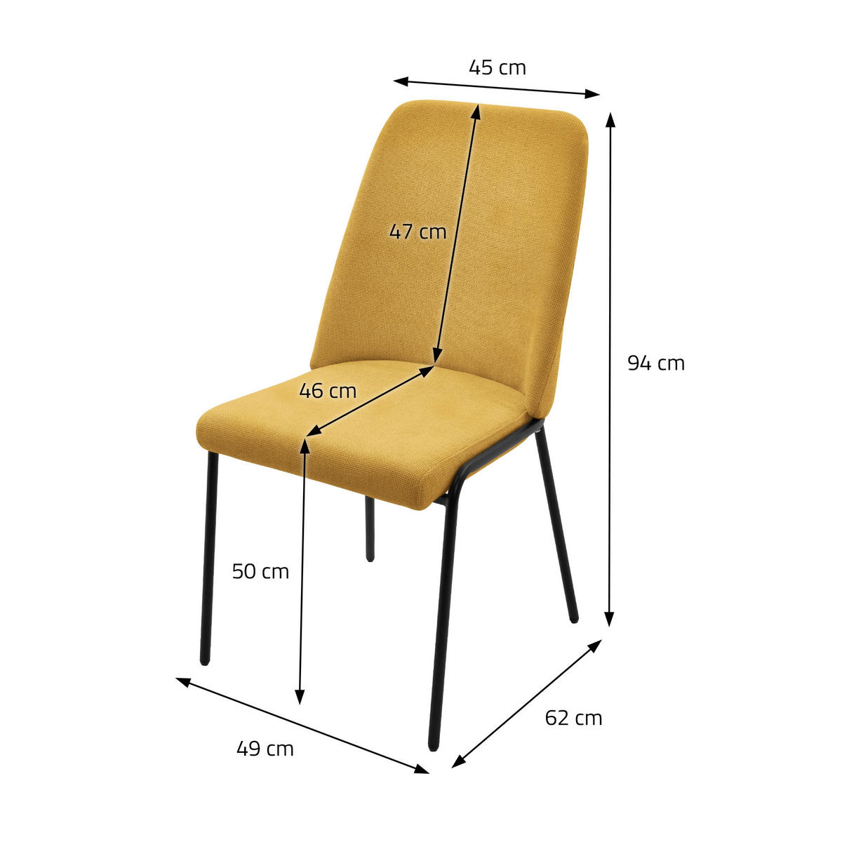 ESSZIMMERSTUHL 2er Set Senf aus Polyester - Gelb/Schwarz, Textil/Metall (49/94/62cm) - ML-DESIGN