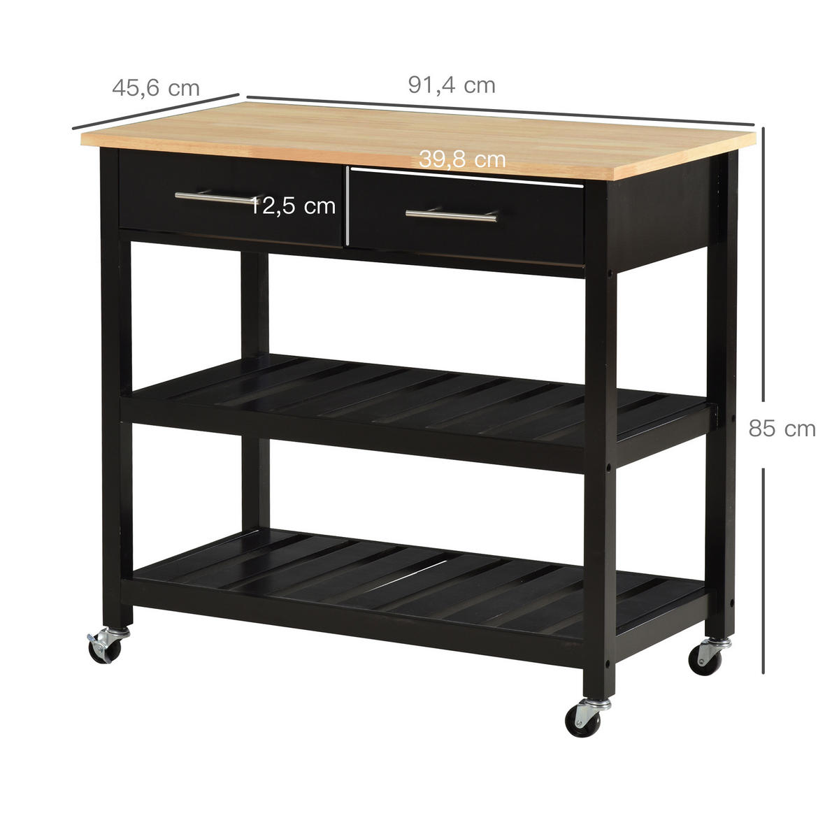 KÜCHENWAGEN, Küchenwagen mit Rollen, 2 Ablagen und 2 Schubladen, Schwarz-Naturholz-Finish, vielseitig einsetzbar - Multicolor, Metall (91.4/85/45.6cm) - FORIOUS