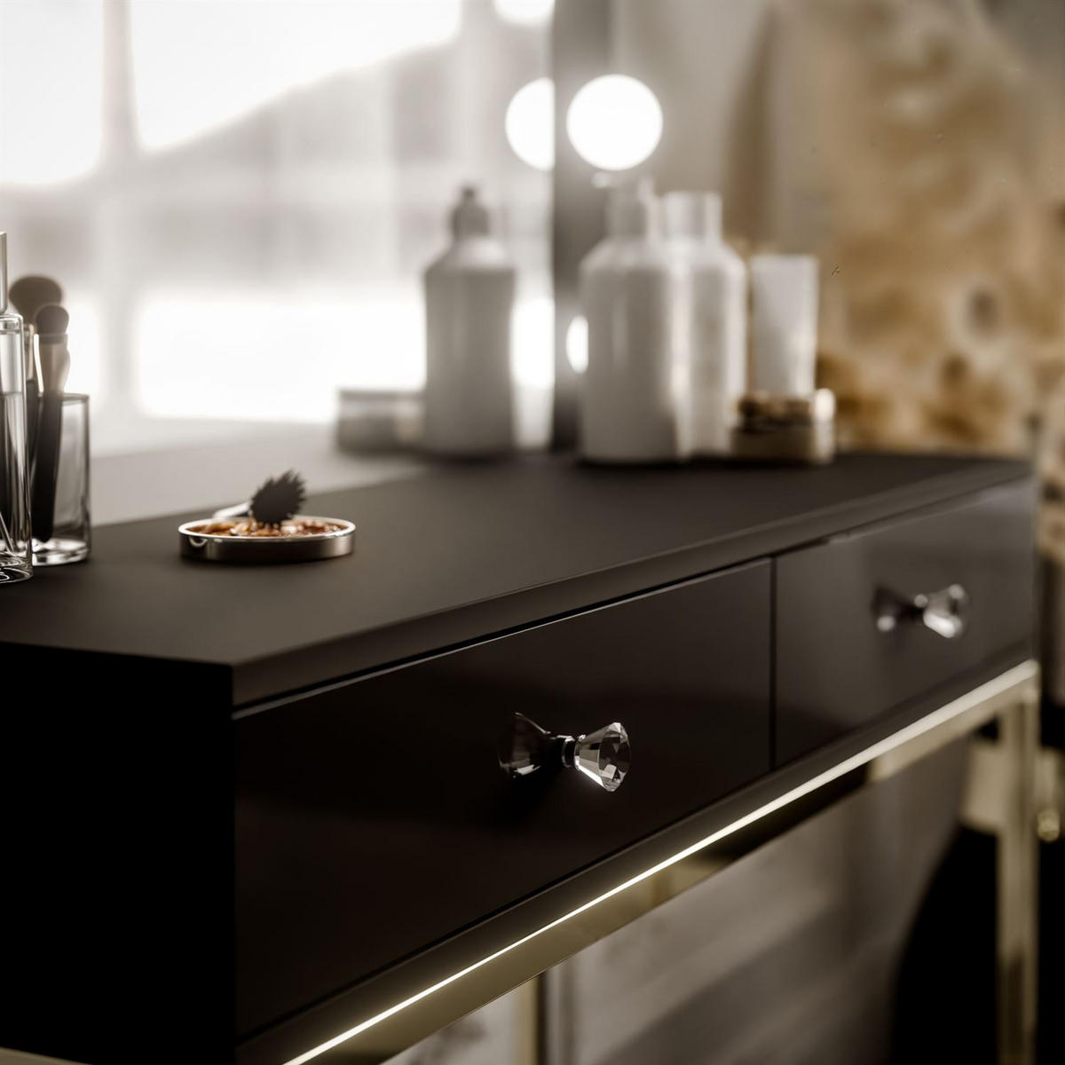 SCHMINKTISCH BLANCO mit Spiegel und Beleuchtung Gold Chrom Schwarz Hochglanz Kristallgriff - Schwarz Hochglanz/Goldfarben, Holzwerkstoff (100/146/42cm) - Lookway