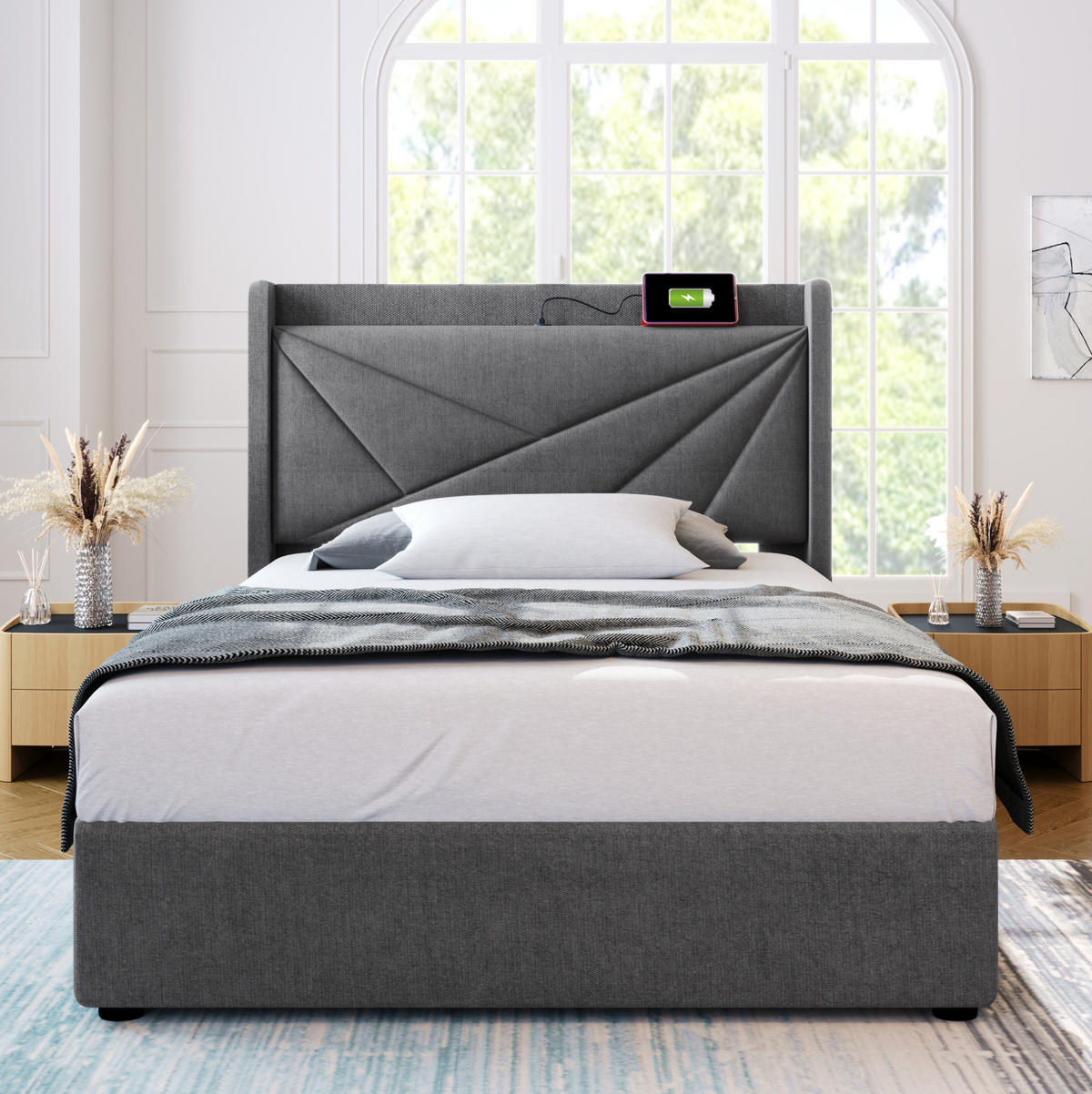 ČALOUNĚNÁ postel 90/200 cm šedá z bavlněného lnu s úložným prostorem a USB/Typ-C - šedá, textil (90/200cm) - OKWISH