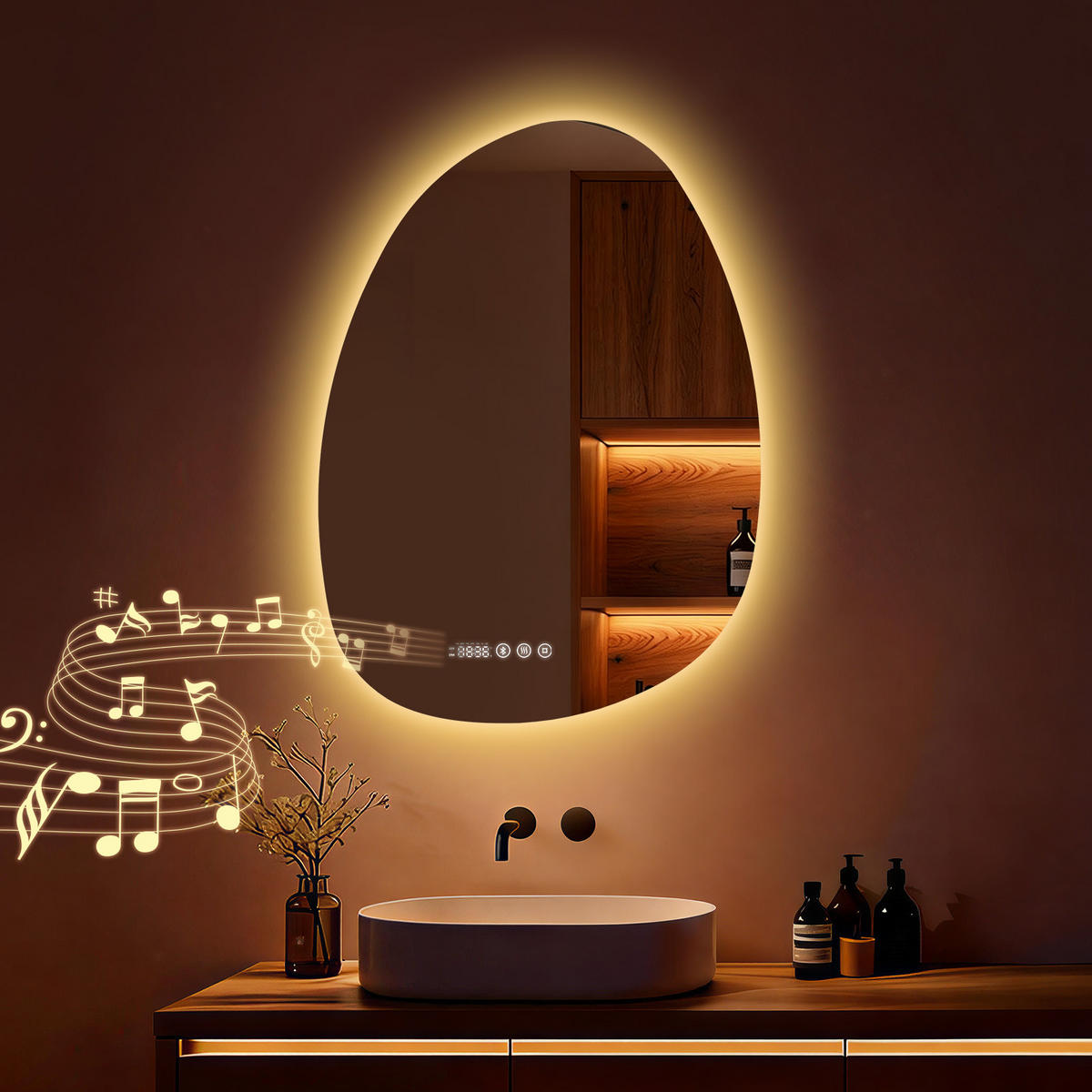 BADSPIEGEL MIT BELEUCHTUNG 75/55 cm asymmetrisch Bluetooth LED mit Antibeschlag - Transparent, Glas (55/75/3cm) - S'AFIELINA