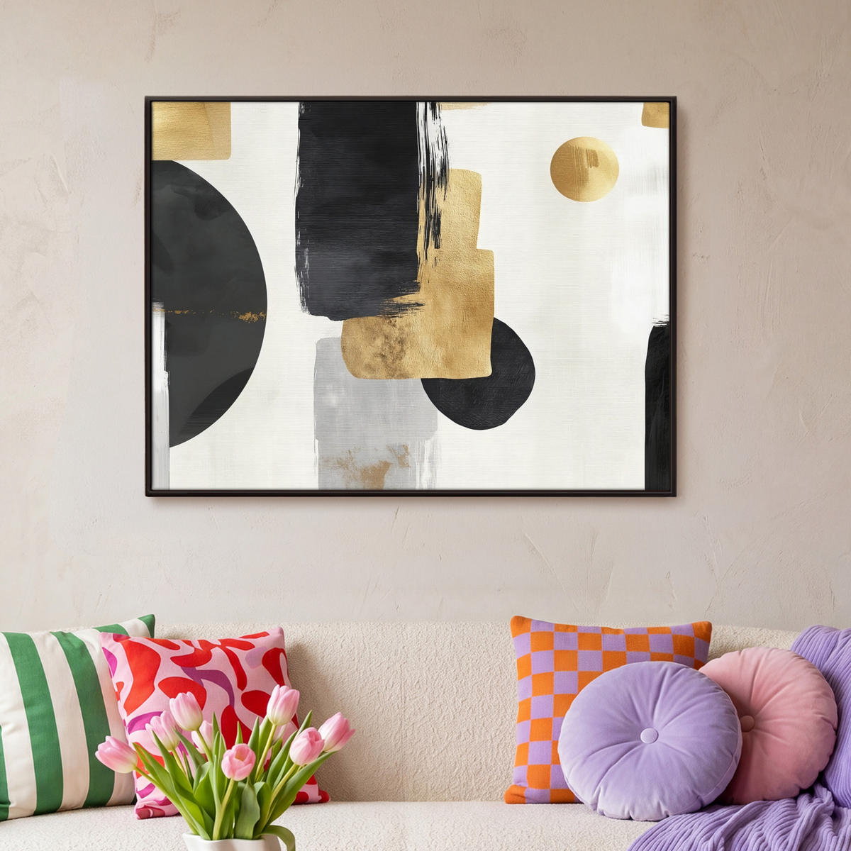LEINWAND Bilder mit Rahmen - Gold - Rechtecke - Kreise - Abstrakt - 100x70 - Weiß, Textil (100/70cm) - MuchoWow