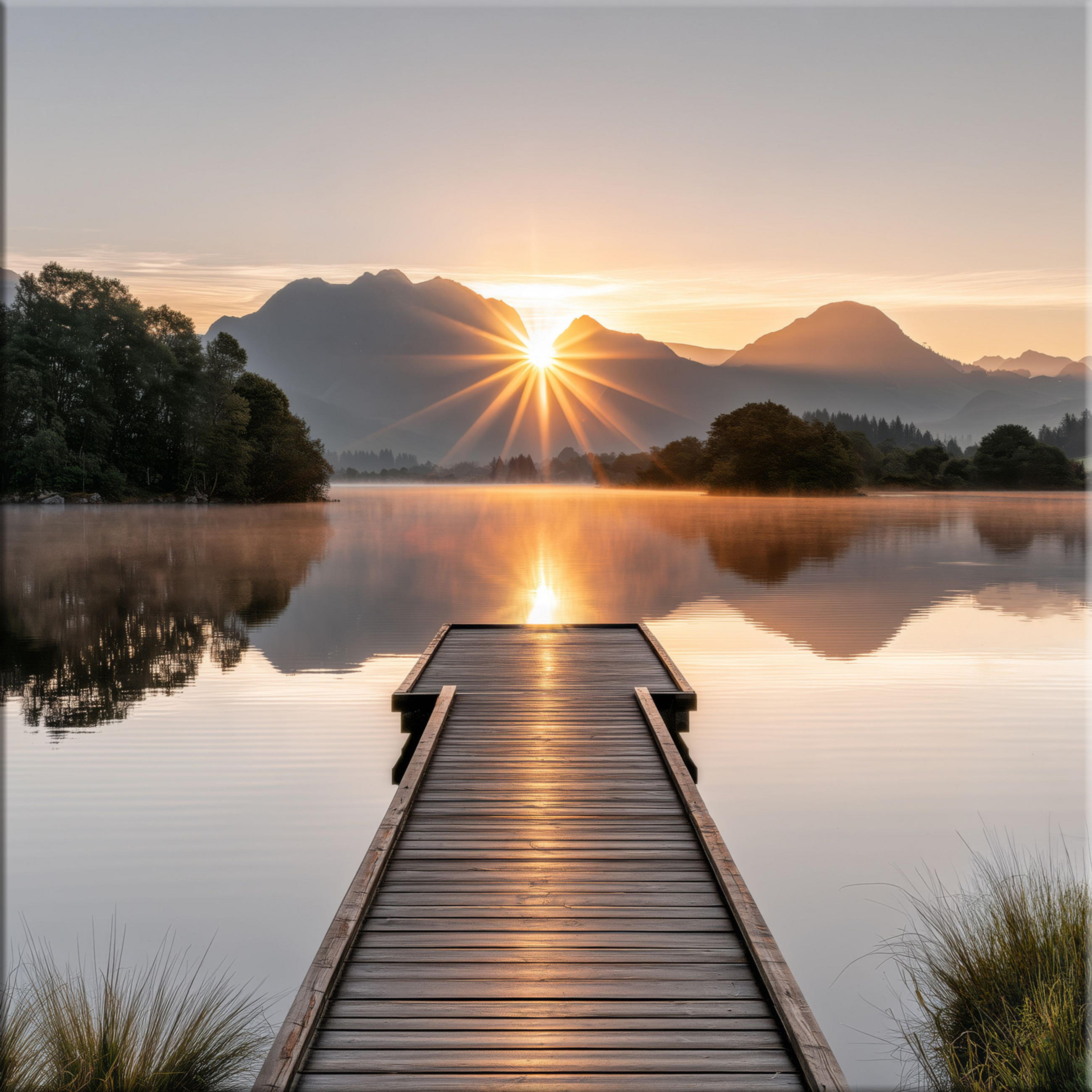 GLASBILD 50x50 cm Bergsee Steg beige braun - Beige, Glas (50/50cm) - artissimo