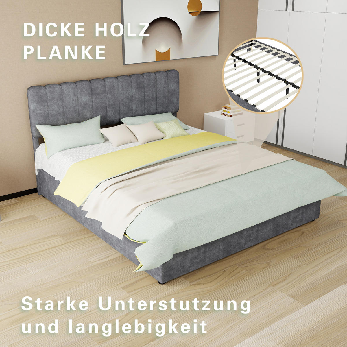 POLSTERBETT 160/200 cm in Grau mit gepolstertem Kopfteil und Holzrahmen in modernem Design - Grau, Holzwerkstoff/Textil (160/200cm) - STILVORA