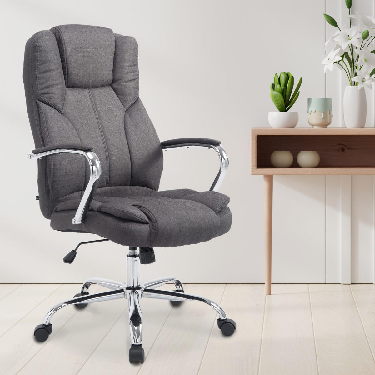 CHEFSESSEL Stoff Dunkelgrau - Chromfarben/Dunkelgrau, Textil/Metall (62/115/70cm) - CLP