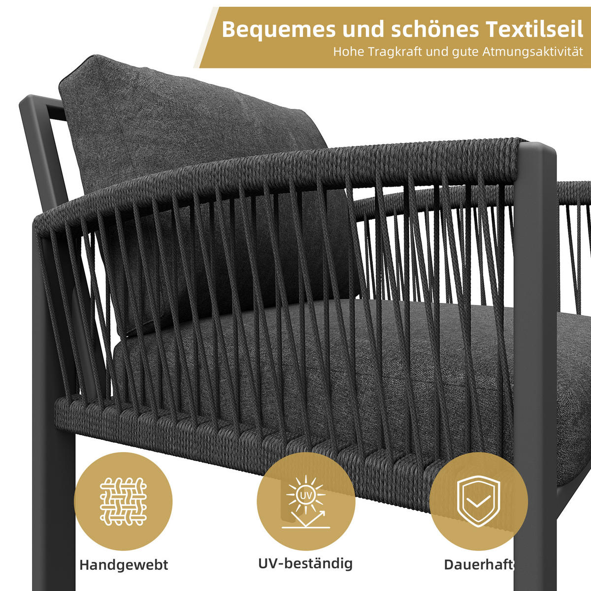 LOUNGESET 8 Personen Grau Seil Mit Großem Tisch & Verstellbaren Füßen - Grau, Holzwerkstoff - FLIEKS