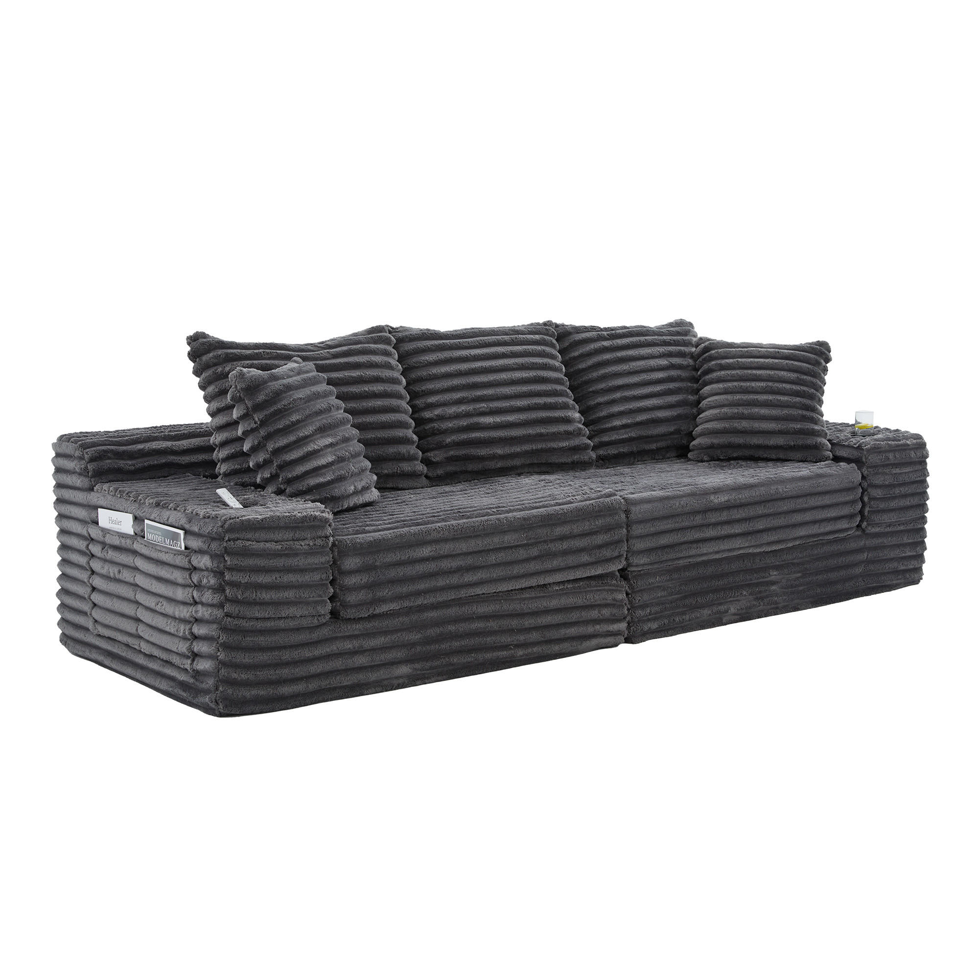 SCHLAFSOFA 273/98/87 cm Dunkelgrau mit beidseitigen Taschen und Getränkehaltern - Dunkelgrau, Textil (107.48/34.25/38.58cm) - Oxeza