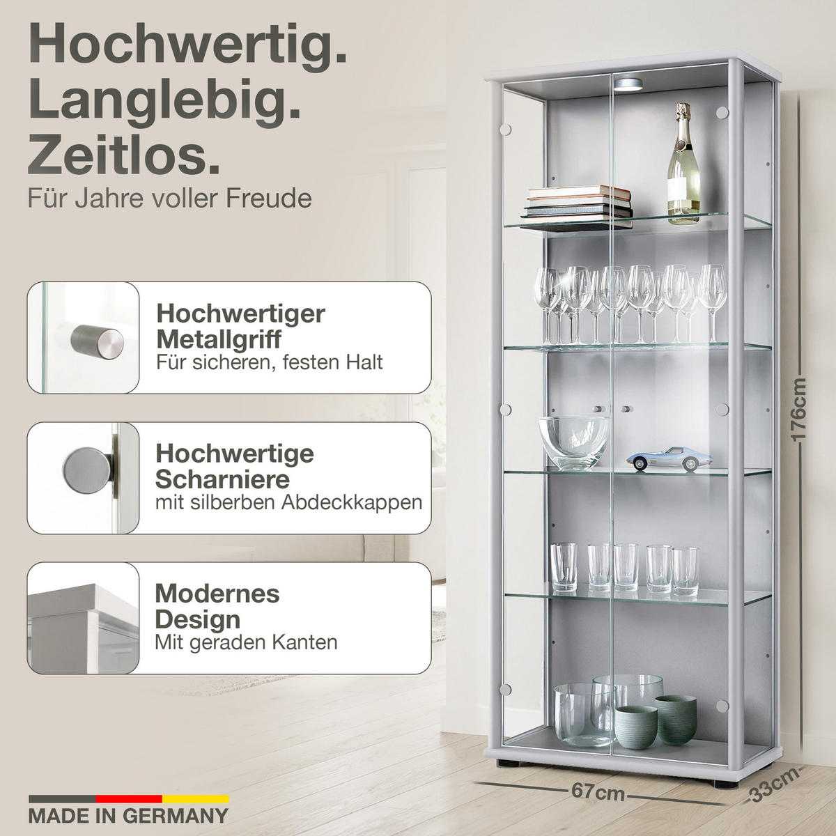 GLASVITRINE 33/67/176 cm mit LED & 4 höhenverstellbaren Glasböden - Transparent/Silberfarben, Glas/Holzwerkstoff (67/176/33cm) - K-Möbel