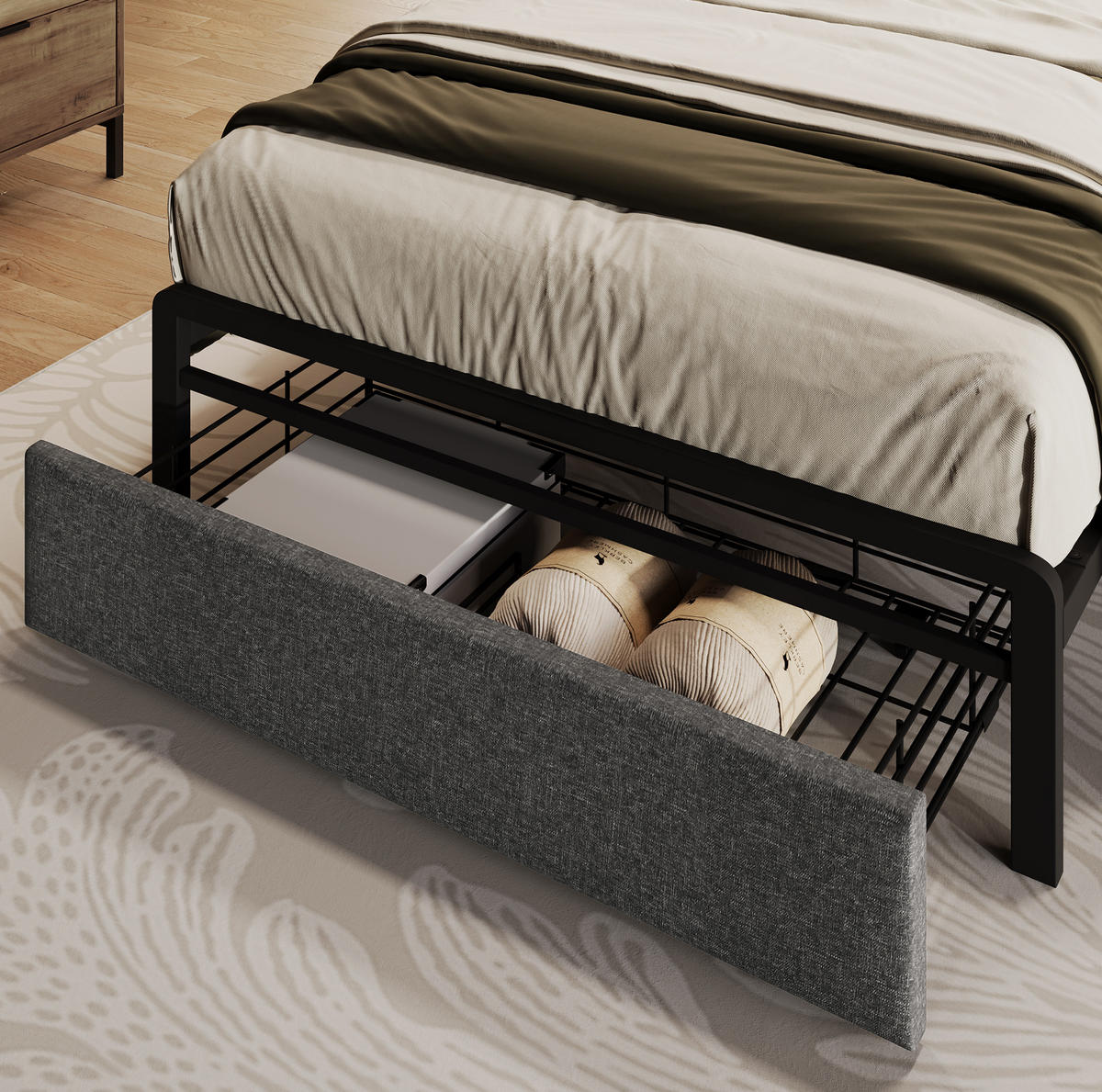 BETT 90/200 cm in Grau mit Stauraum-Kopfteil, LED, USB-C und inkl. Matratze - Grau, Textil (90/200cm) - BEAOK