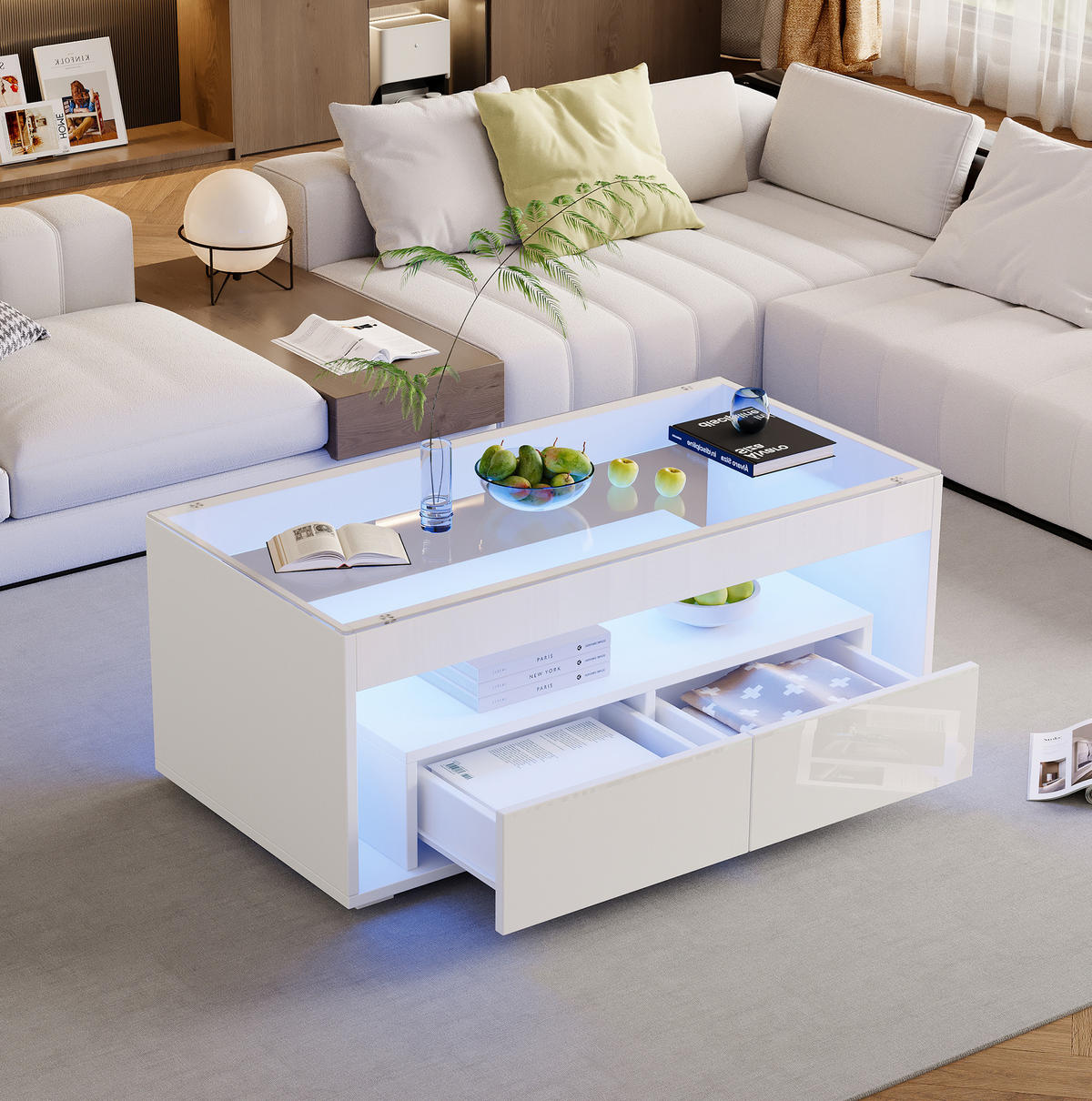 COUCHTISCH aus Spanplatte und Glas 100x50x40 cm Weiß mit LED-Beleuchtung und 2 Schubladen - Weiß, Holzwerkstoff (100/50/40cm) - IVMEU
