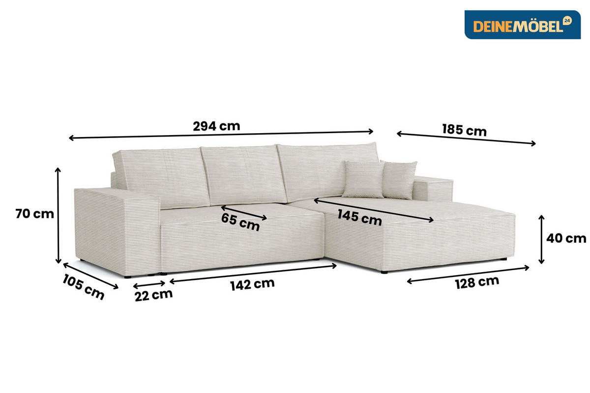 ECKSOFA MARCO 294/185 in Cord Creme mit Schlaffunktion rechts - Creme, Holz/Holzwerkstoff (294/185cm) - Deine Möbel 24