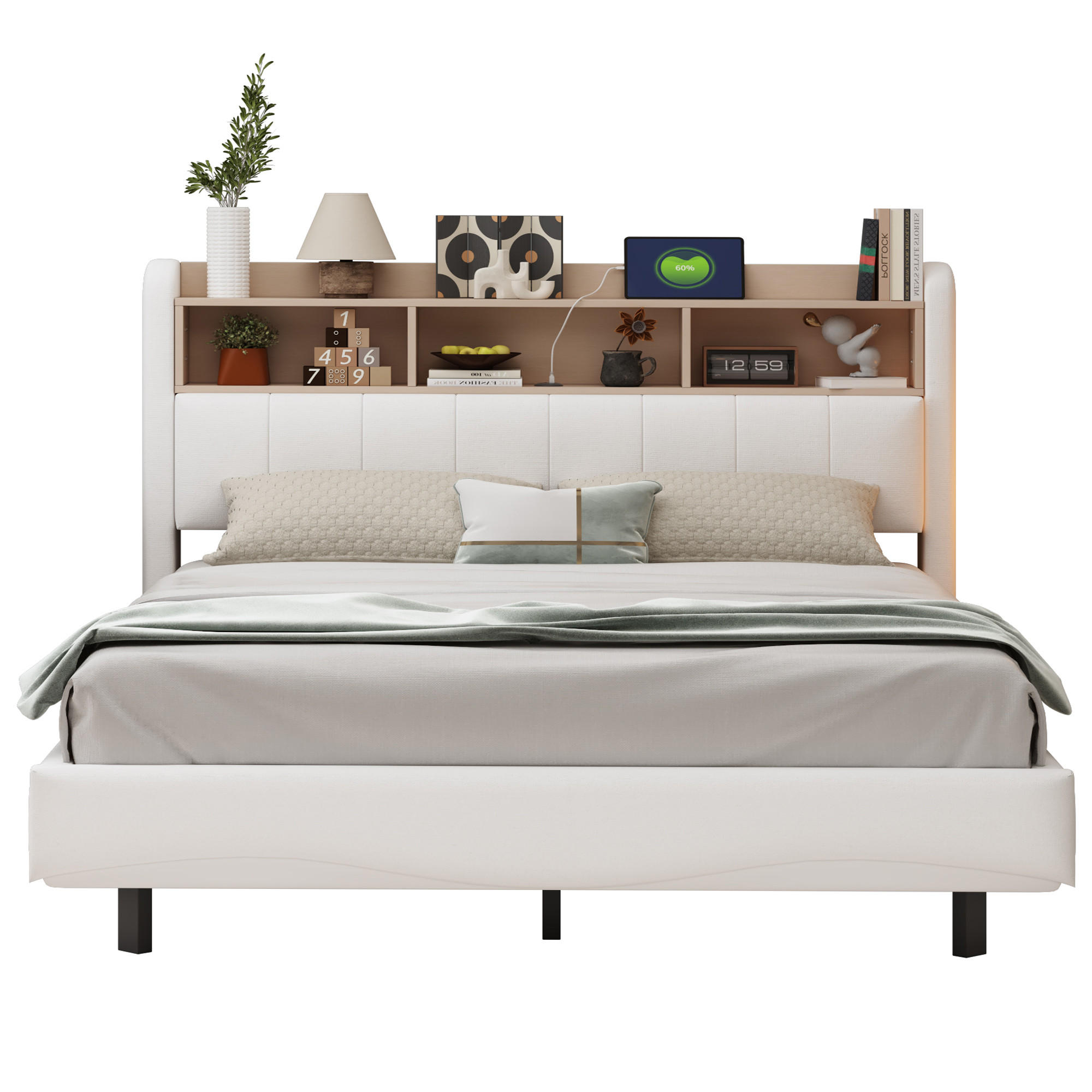 WISHDOR ČALOUNĚNÁ POSTEL 160x200 cm béžová s LED osvětlením, USB a Type-C portem, úložným prostorem, lněný vzhled