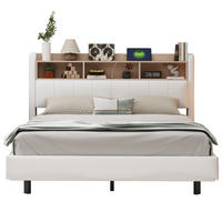 POLSTERBETT 160/200 cm aus Leinenstoff mit LED-Beleuchtung und USB- und Type-C-Anschlüssen beige - Beige, Textil (160/200cm) - OKWISH