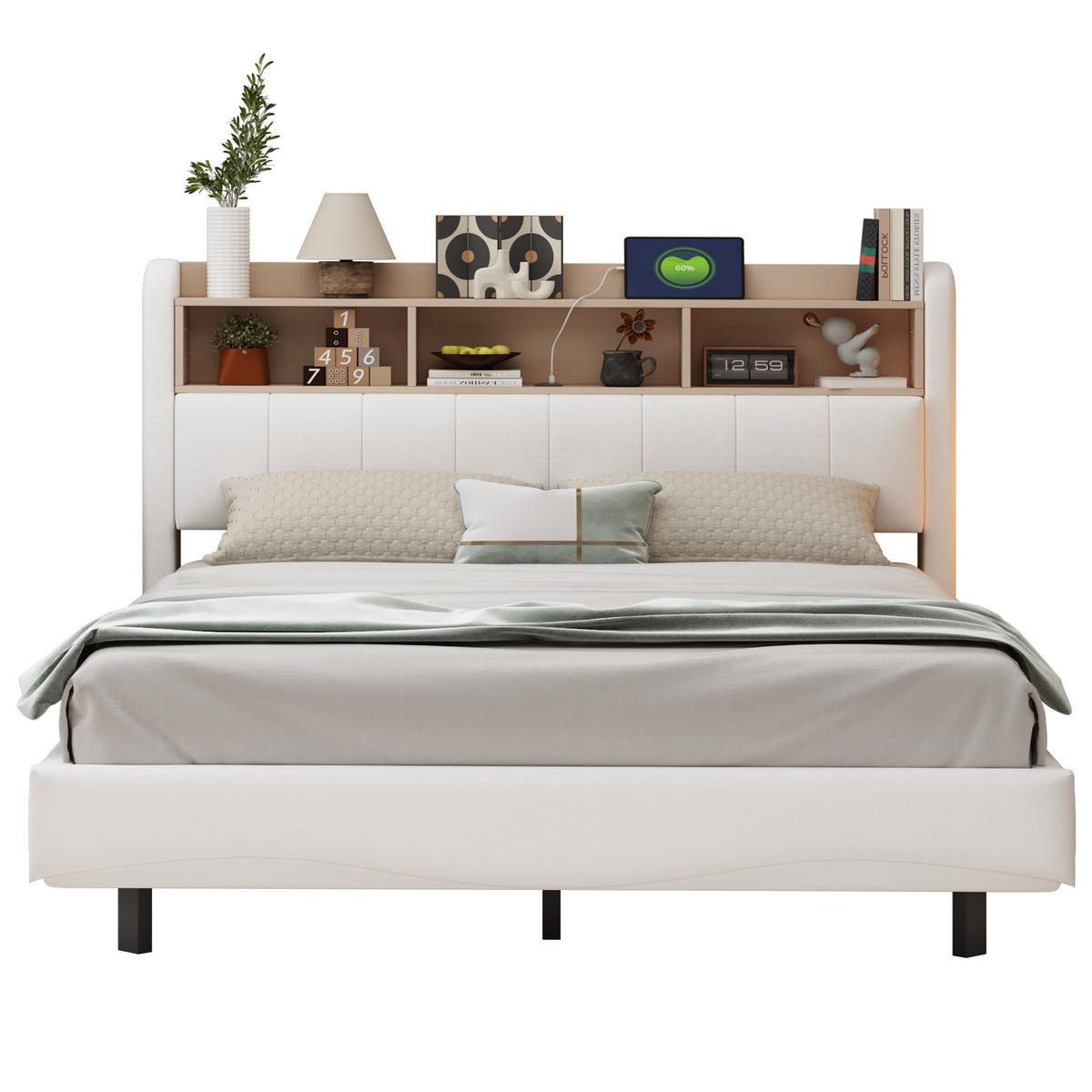 POLSTERBETT 160/200 cm aus Leinenstoff mit LED-Beleuchtung und USB- und Type-C-Anschlüssen beige - Beige, Textil (160/200cm) - OKWISH