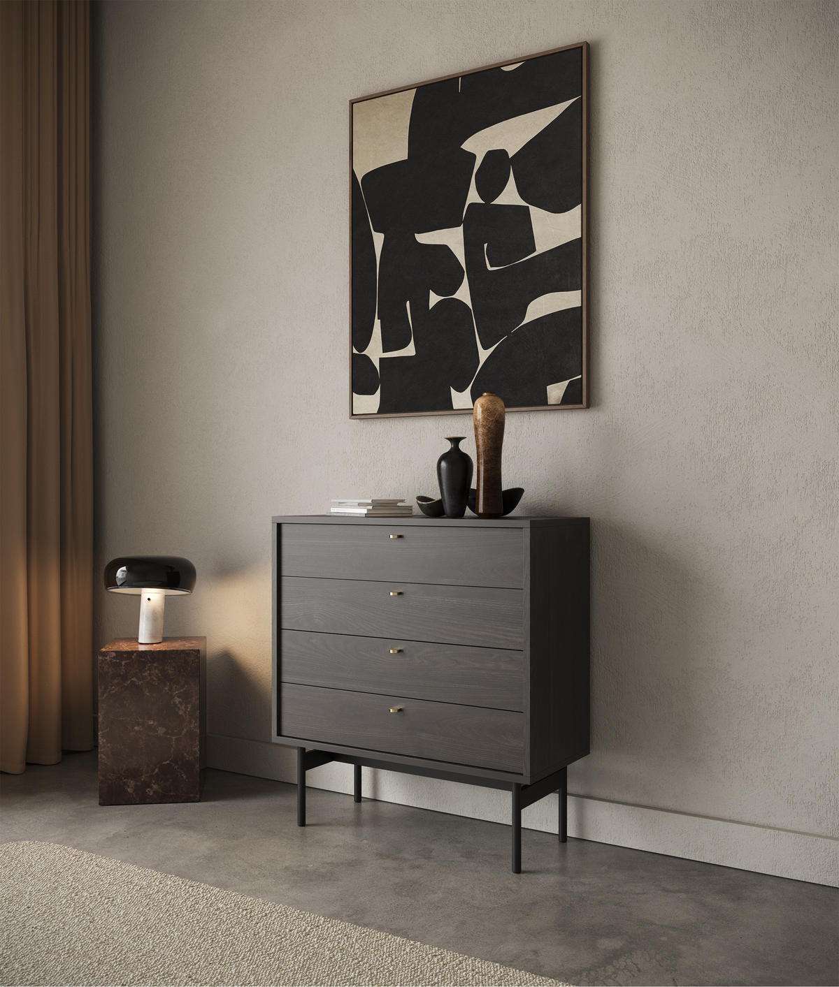 KOMMODE Olar Holzoptik Esche Portland Schwarz 85,5 cm - Goldfarben/Schwarz, Holzwerkstoff/Metall (85.5/91.9/38cm) - Selsey