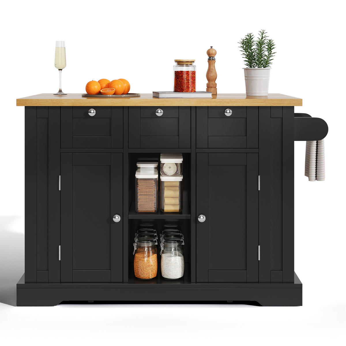 KÜCHENINSEL 132/87/40(70) cm Natur/Schwarz aus MDF mit klappbarer Arbeitsplatte - Schwarz, Holzwerkstoff (70/87/132cm) - OKMYHOME