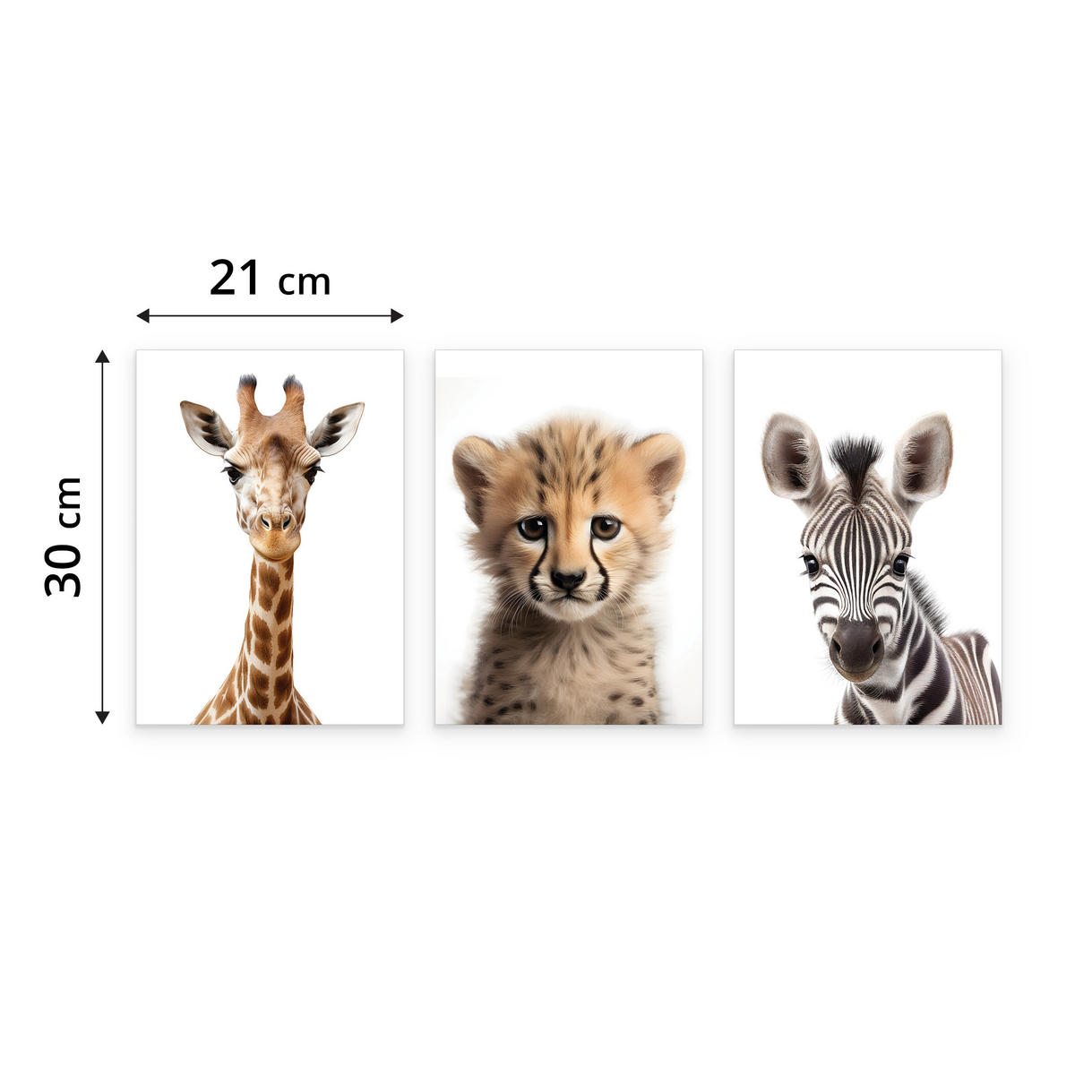 POSTER SET ohne Rahmen für Kinderzimmer WILDTIERE Giraffe Gepard Zebra A4 21x30cm - Gelb/Schwarz, Papier (21/30/1cm) - Muralo