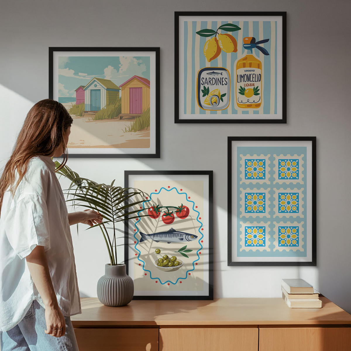 BILDER SET 4er Set - 50x50 cm & 40x60 cm Schwarzer Rahmen - Illustrationen der mediterranen Küche - Schwarz, Kunststoff (50/50cm) - TULUP