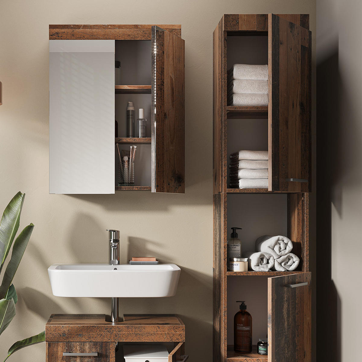 BADMÖBEL-SET Luna Oldstyle 3 Teile, mit Hochschrank - Braun, Holzwerkstoff (60/56/34cm) - Vicco