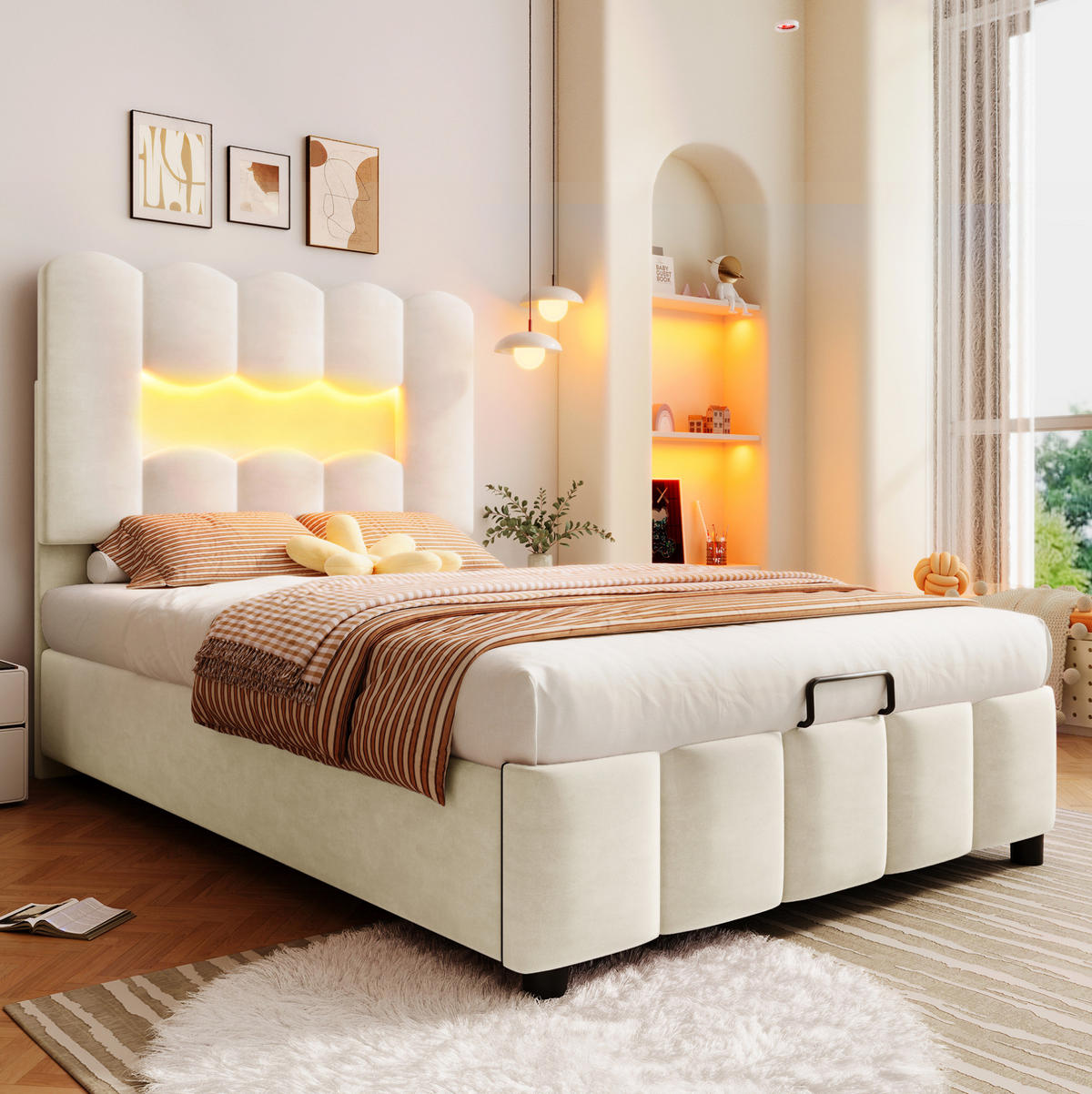SAMT-POLSTERBETT 90/200 cm mit Bettkasten, LED-Beleuchtung & verstellbarem Kopfteil - Beige, Textil (90/200cm) - BEAOK