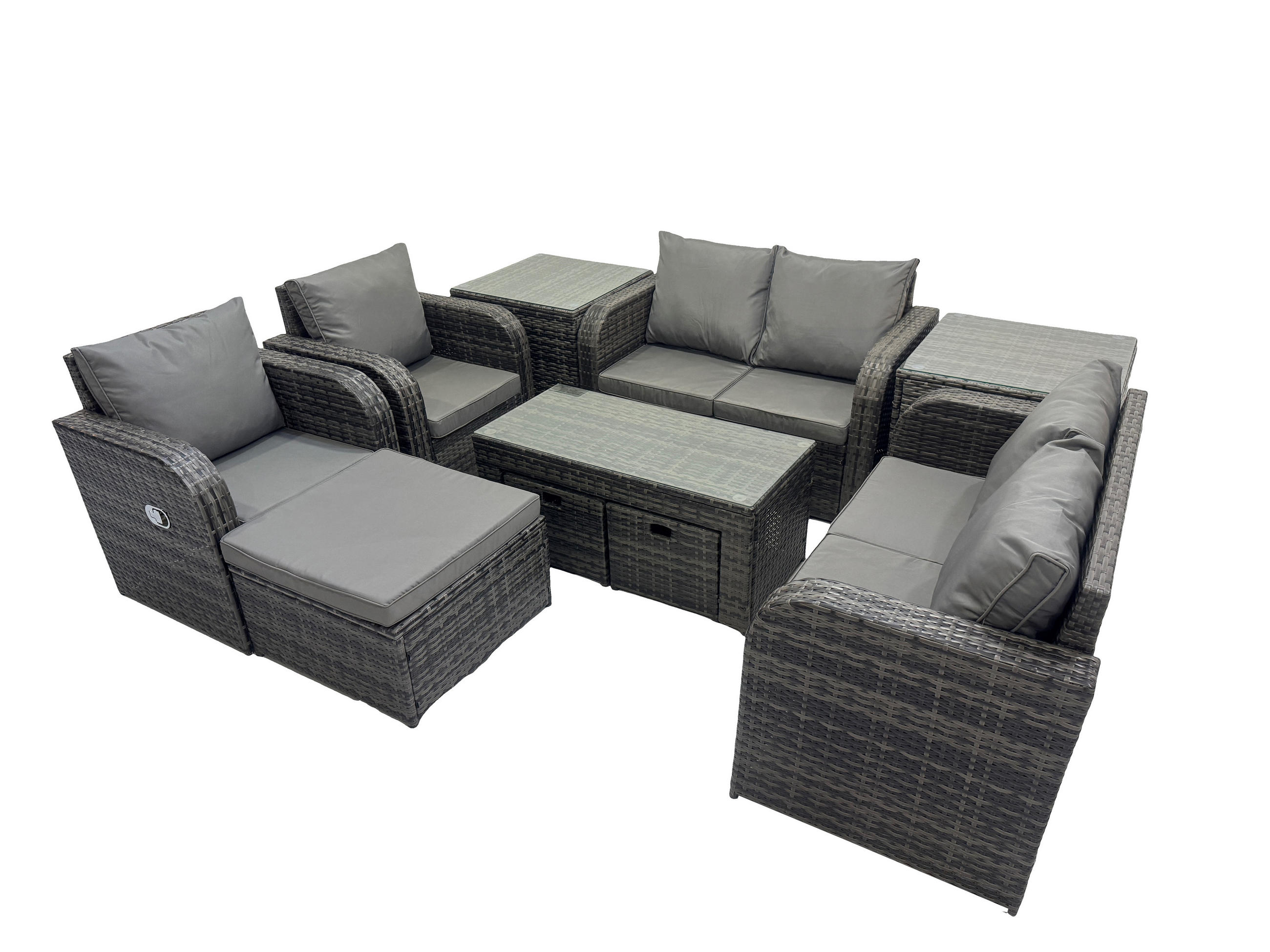 GARTENSOFA SET mit LIEGESTUHL Polyrattan 9-Sitzer Dunkelgrau - Dunkelgrau/Grau, Glas/Kunststoff - Fimous