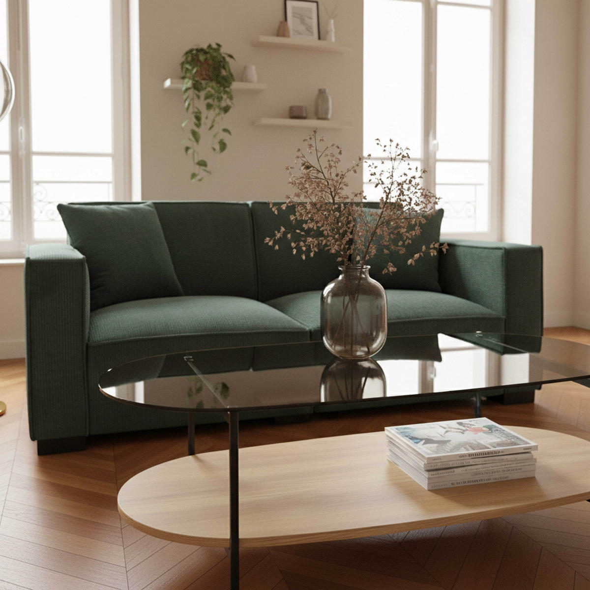 SOFA 2-Stizer, Dunkelgrün - Grün, Textil (90/76/180cm) - Oviala