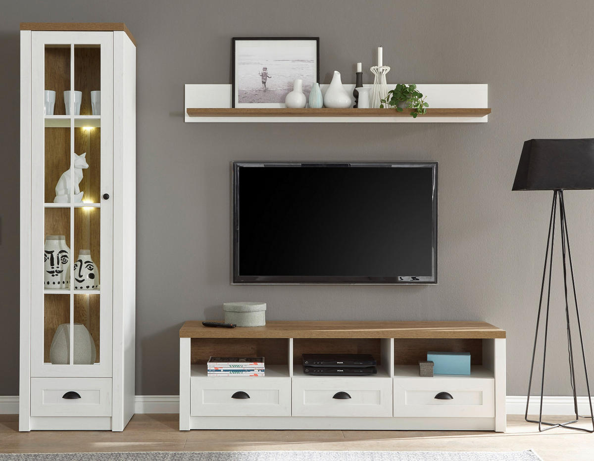 WOHNWAND weiß Pinie, Eiche hell Landhaus, Wohnkombination 3-teilig 230 x 198 cm - Eichefarben/Schwarz, Holzwerkstoff/Metall (230/198/43cm) - Furn.Design