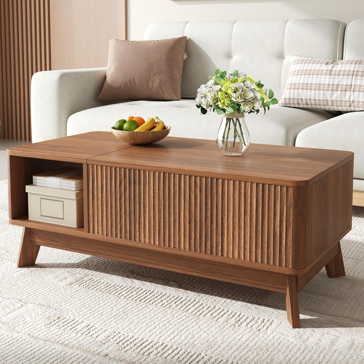 COUCHTISCH Hubfunktion Wellenoptik MDF Stauraum modern - Walnussfarben, Holzwerkstoff (95/48/50cm) - FLIEKS