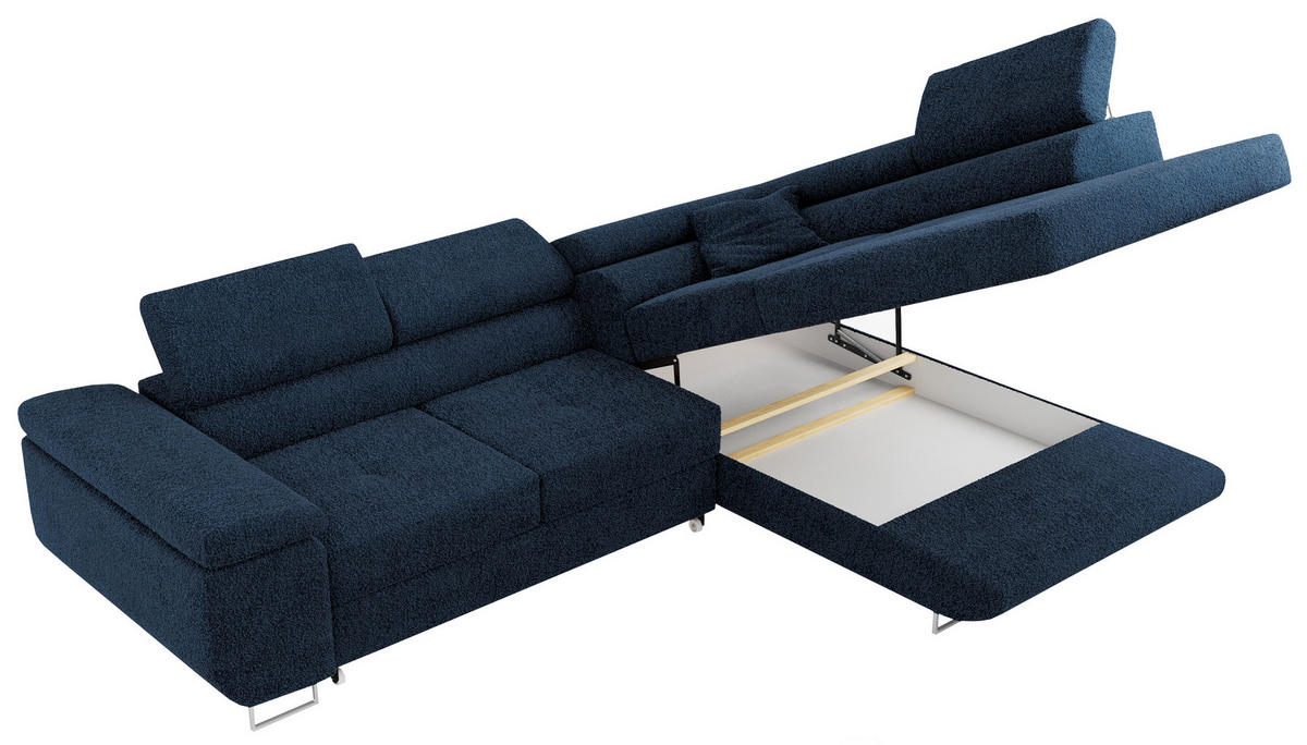 ROHOVÁ SEDAČKA GUSTAW L - Tmavě modrá Bouclé - Pravá Strana - stříbrná/tmavě modrá, kov/textil (205/275cm) - MKS
