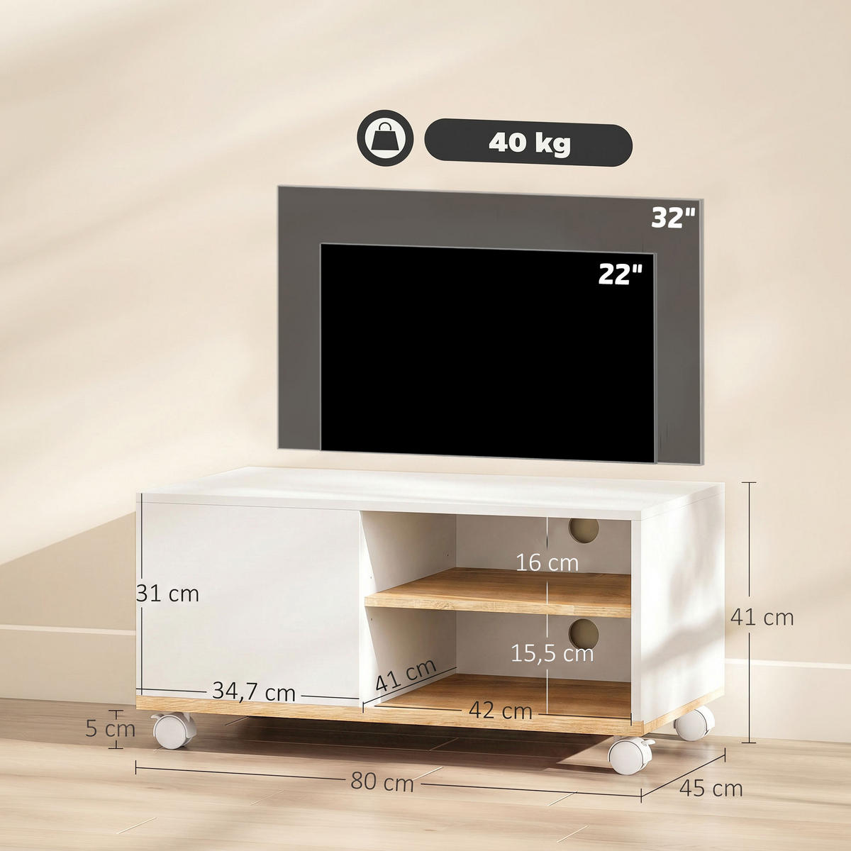 TV-BOARD Spanplatte Weiß Eiche - Weiß, Holzwerkstoff/Kunststoff (45/39/80cm) - HOMCOM