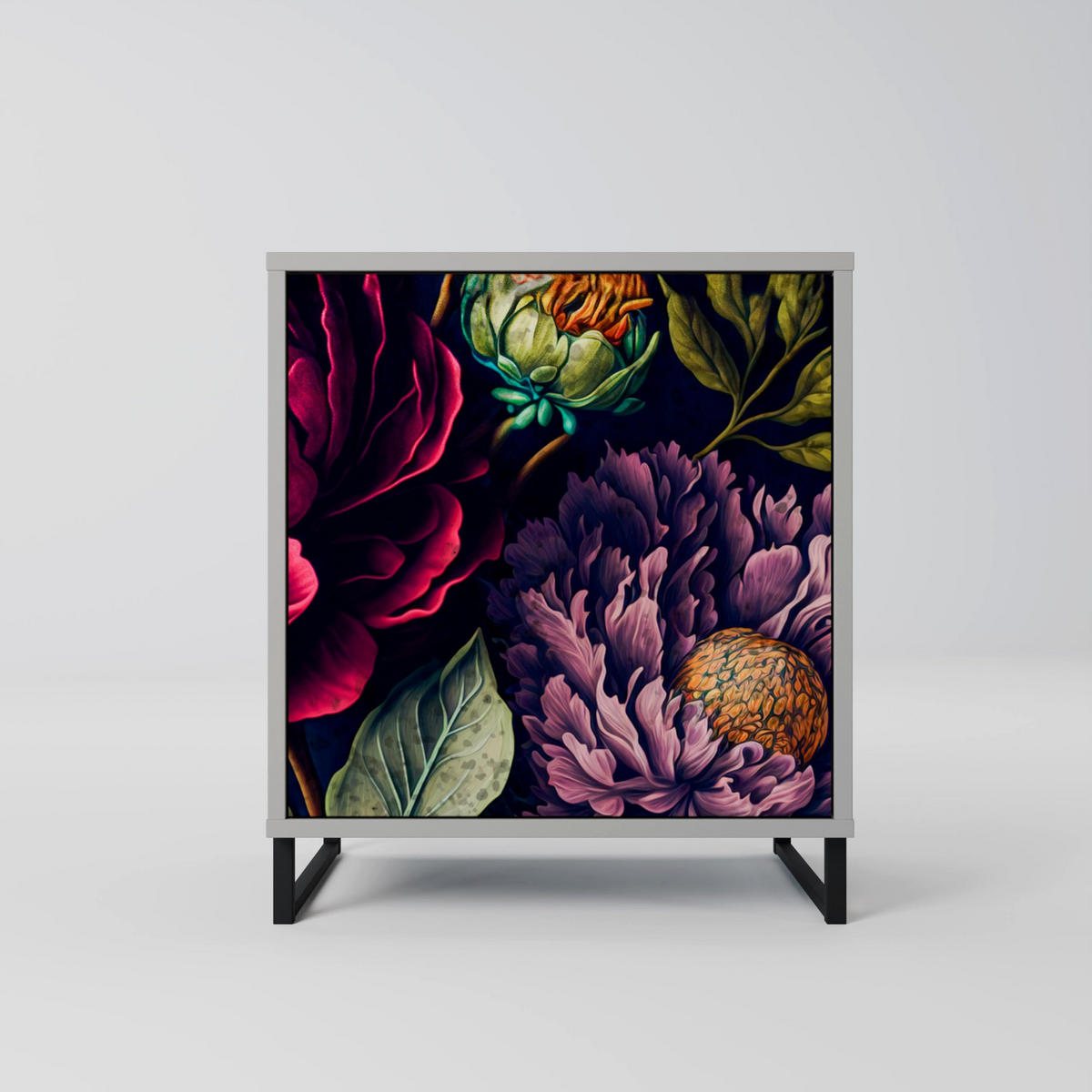 SIDEBOARD BLOOMING ELEGANCE, Grau, 57,5x42x72,5 cm, Schwarze Metallfüße - Multicolor/Schwarz, Holzwerkstoff/Metall (57.5/72.5/42cm) - SpaceRebels