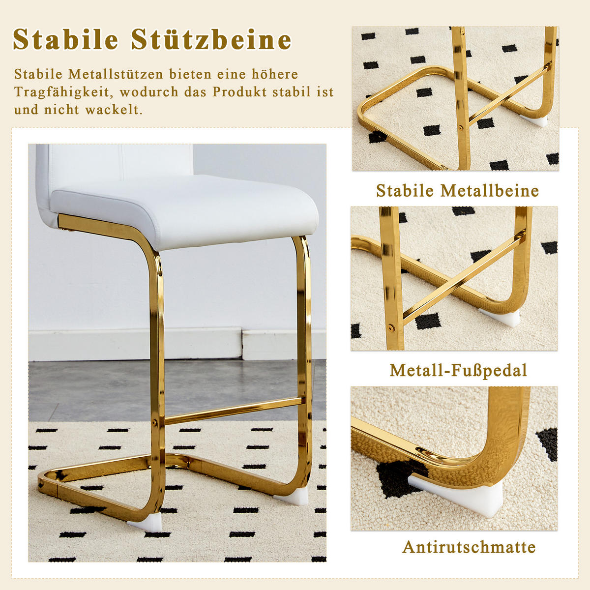 BARHOCKER 2er-Set Weiß mit PU-Leder und goldfarbenen Metallbeinen - Weiß, Metall (39/96.5/46.5cm) - PANGIVO