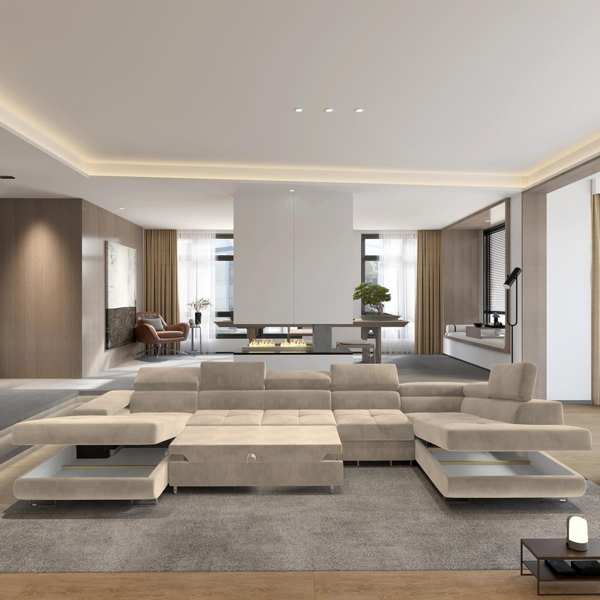 WOHNLANDSCHAFT VELORA R-S Creme Velours-Stoff mit Schlaffunktion - Creme, Holz (419/90/202cm) - MASSENO