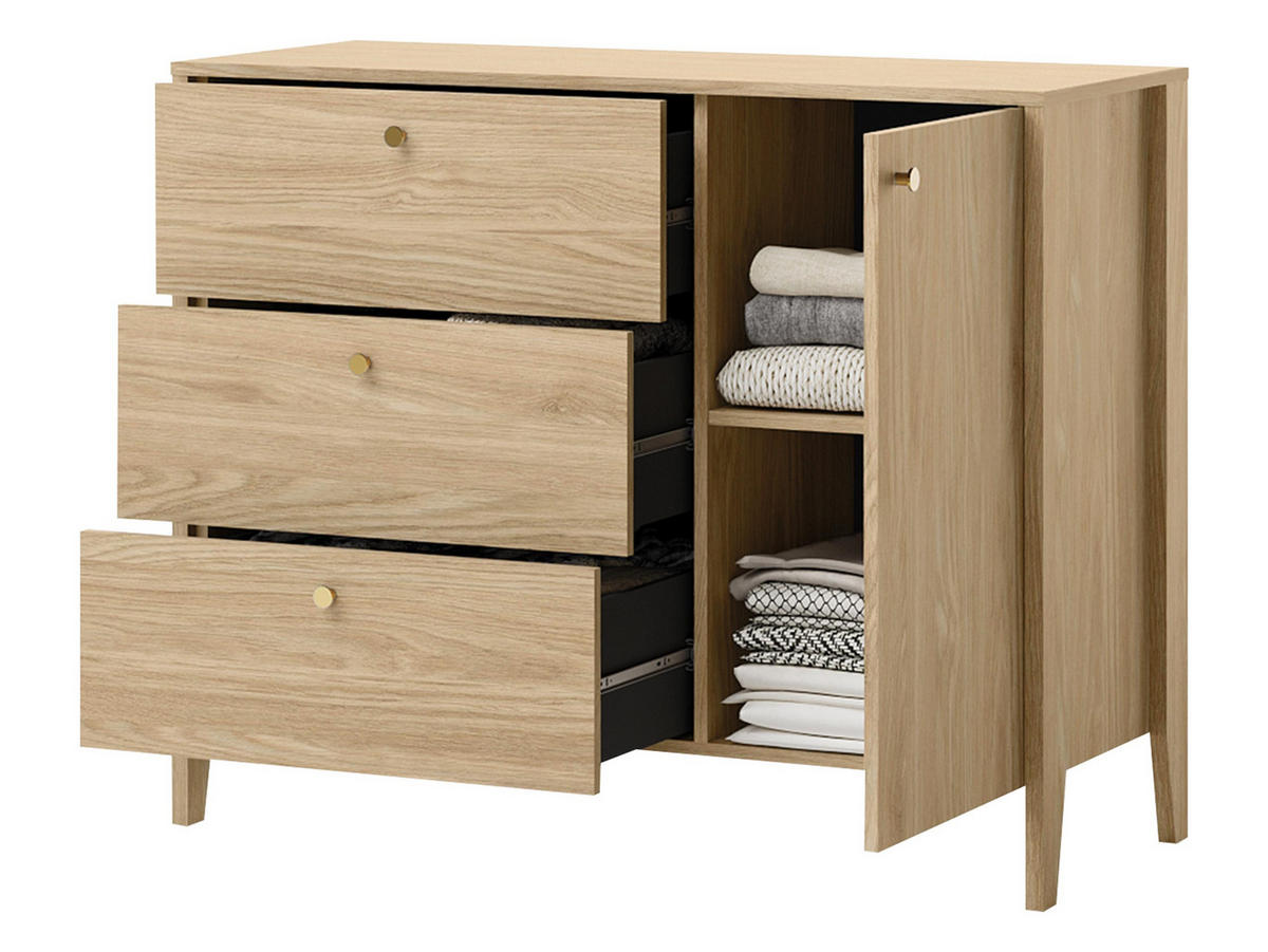 KOMBIKOMMODE Snugly 1D3S SU03 - Eichefarben/Goldfarben, Holz/Holzwerkstoff (112/91/45cm) - MIRJAN24