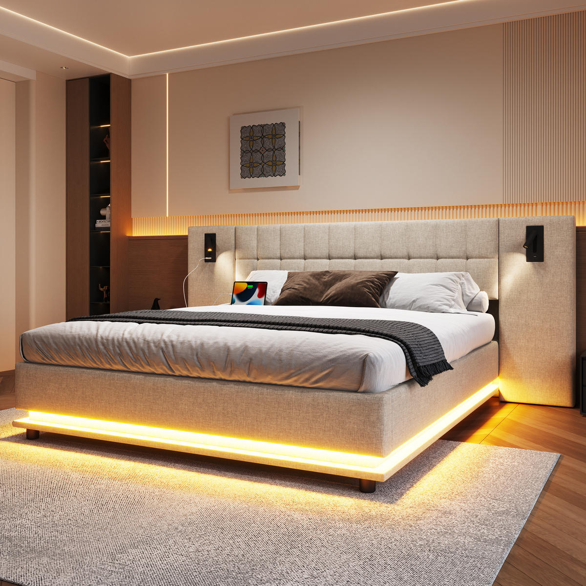 POLSTERBETT 180/200 cm Beige mit LED-Beleuchtung, Spot und USB-Anschluss aus Leinen - Beige, Textil (180/200cm) - OKWISH