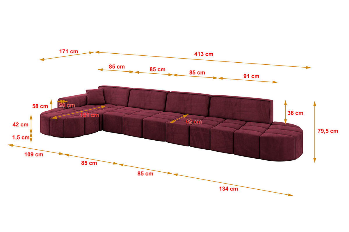 ECKSOFA Ottomane Links LIVO-L3 - 413x171x79,5 cm Bordeauxrot - Bordeaux, Holzwerkstoff/Textil (413/79.5/171cm) - ALTDECOR