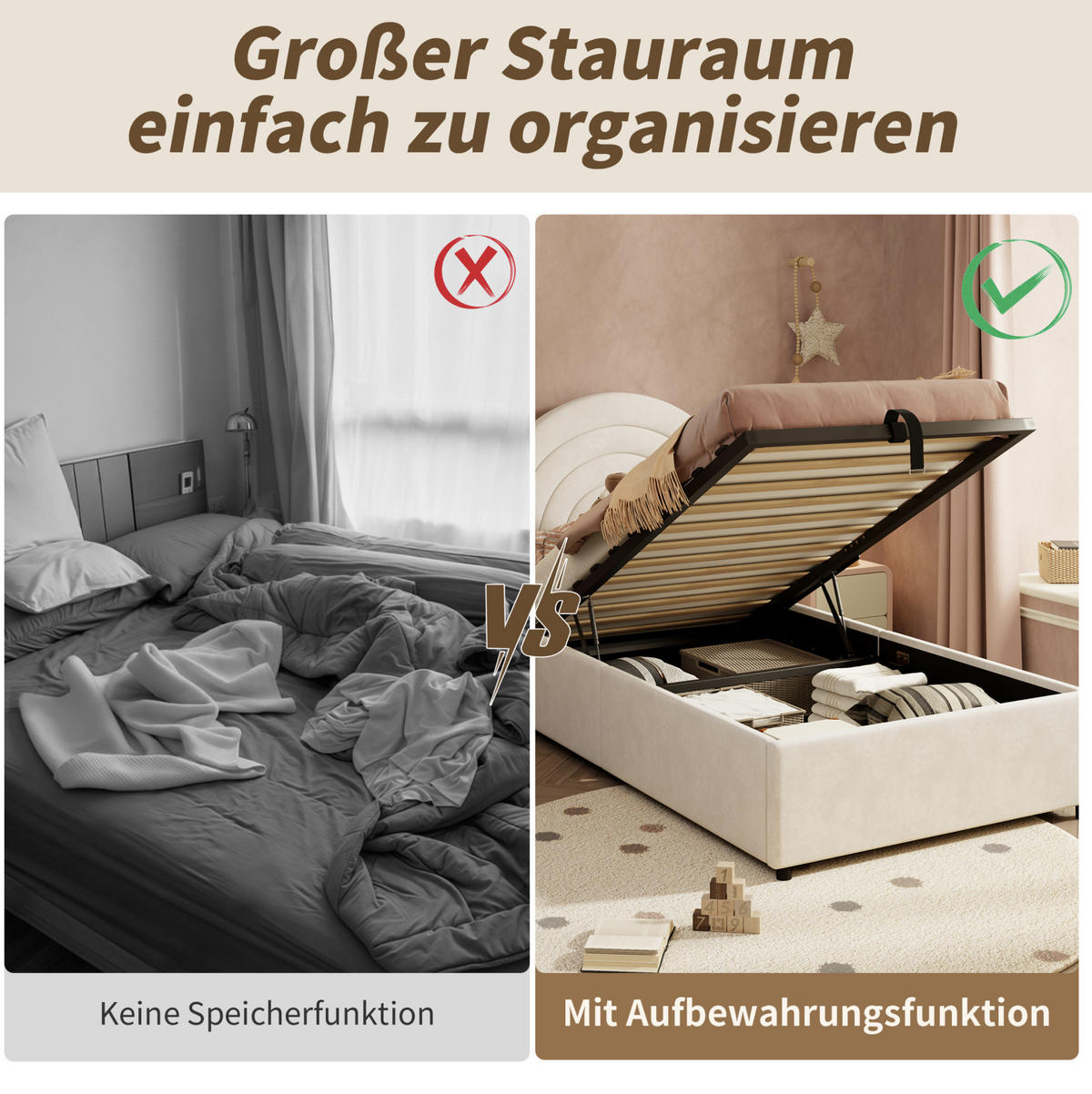 POLSTERBETT 90/200 cm Beige aus Samt mit Stauraum - Beige, Textil - OKMYHOME