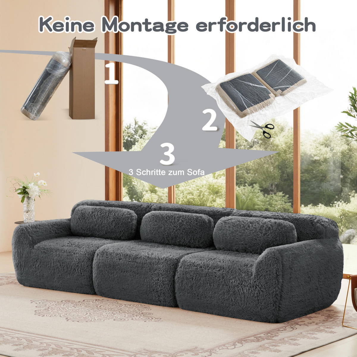 ECKSOFA mit Plüschbezug Grau 291x104x73 cm, modular, mit rutschfester Basis - Grau, Textil (104/291cm) - IVMEU