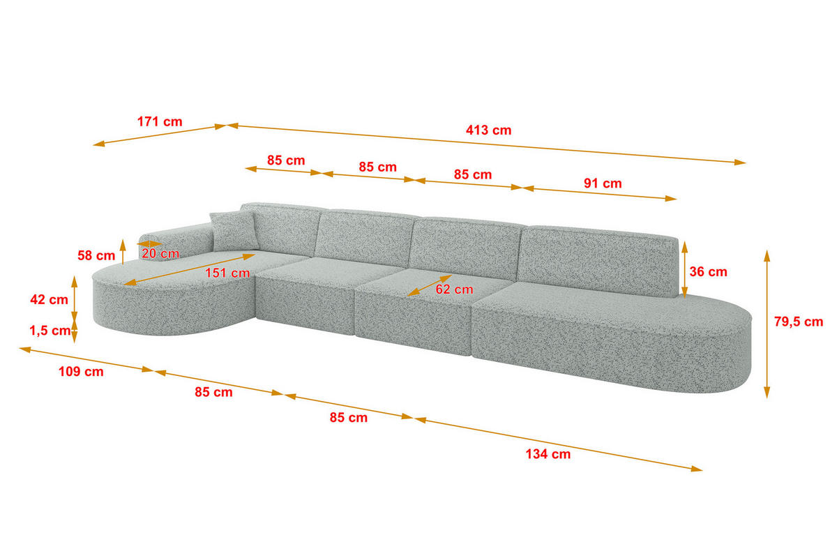 ECKSOFA Ottomane Links MARI-L3 - 413x171x79 cm Grün Tissu - Wildeiche/Schwarz, Holzwerkstoff/Kunststoff (413/171cm) - ALTDECOR