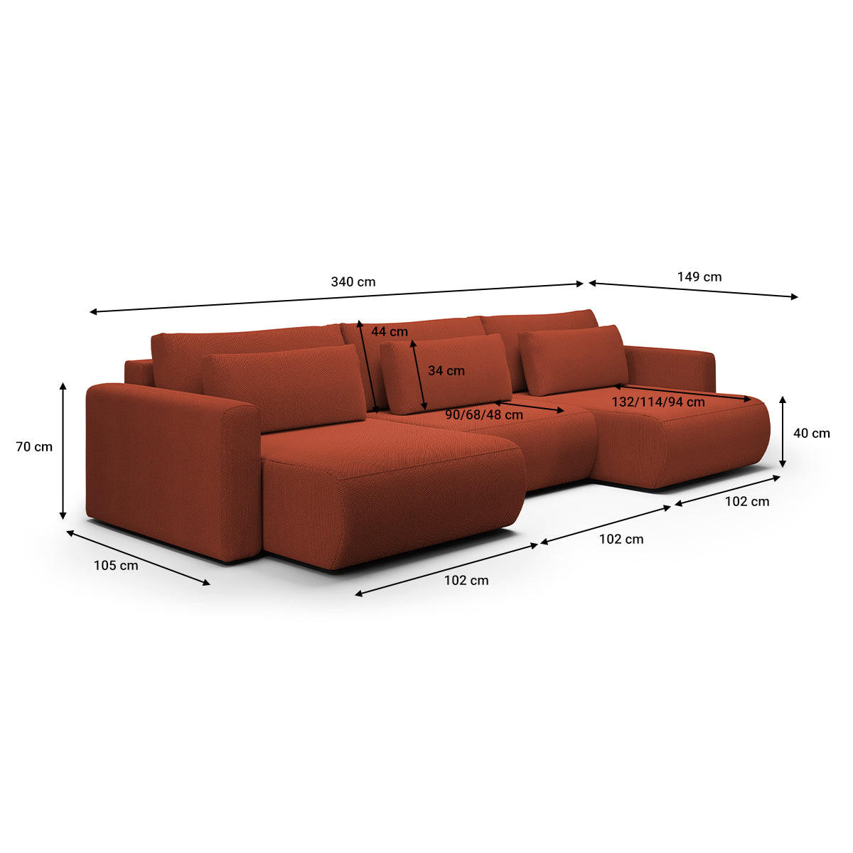 PANORAMASOFA Evy 4 Sitzplätze Orange - Orange, Holz (340/82/149cm) - Petits-meubles