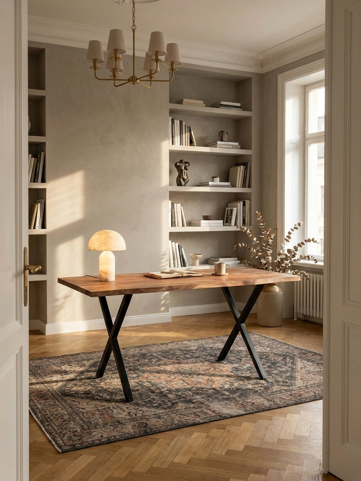 SCHREIBTISCH Massivholz X-Gestell Baumkante Handgefertigt KRETA, Goldbraun-Schwarz 160x80x76 cm - Schwarz/Braun, Holz/Metall (80/160/76cm) - KADIMA DESIGN