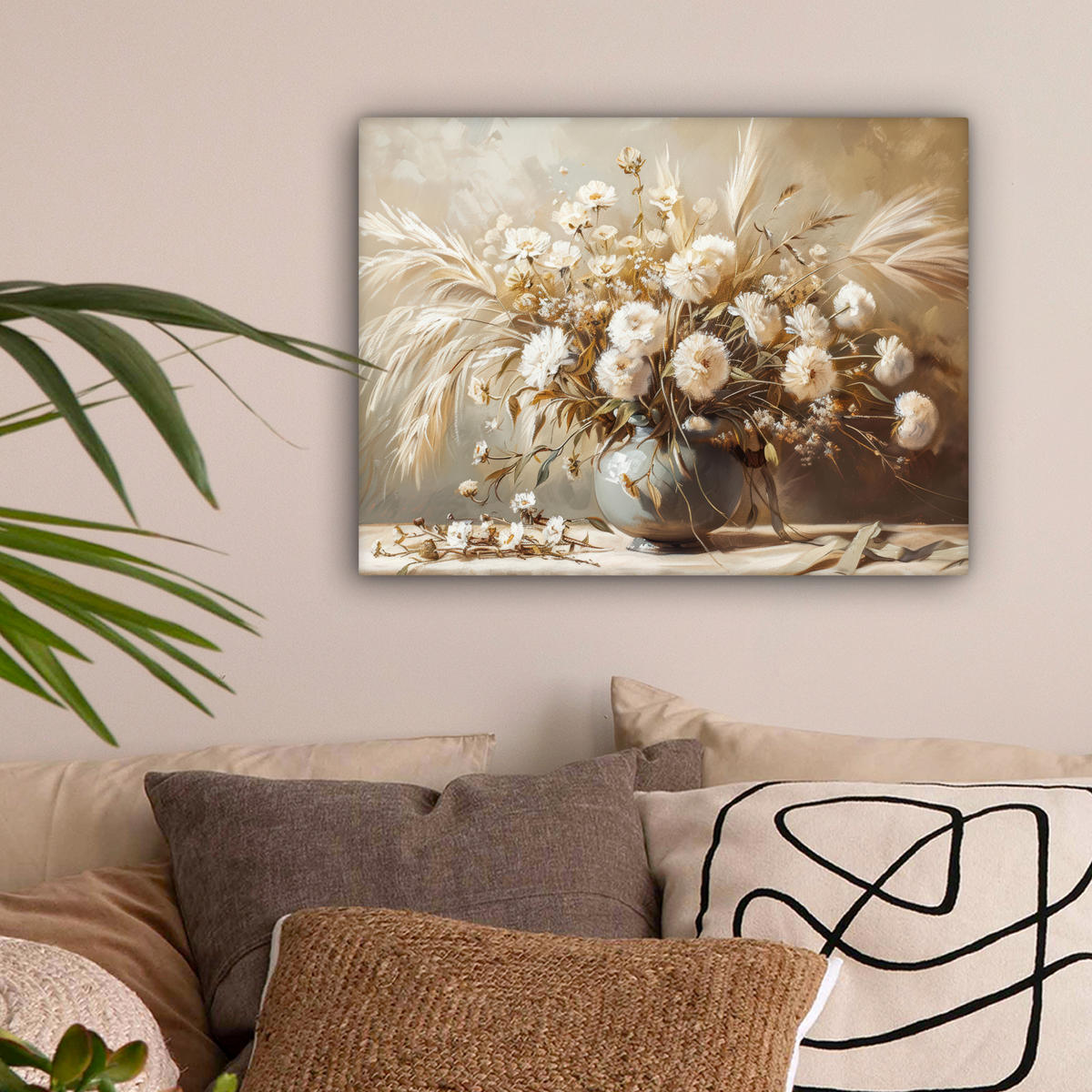 LEINWANDBILD Blumen - Vase - Stilleben - Beige Wandbild 40x30 cm - Creme, Textil (40/30cm) - MuchoWow