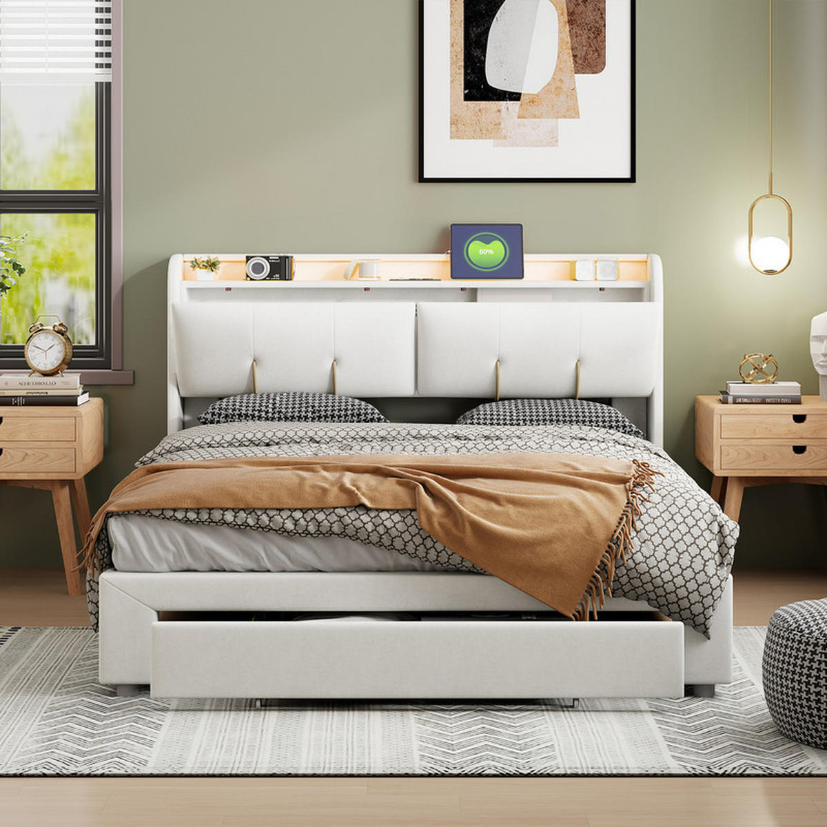 POLSTERBETT 160x200cm, Beige, Samt, mit LED-Lichtleiste und USB-Ladeanschluss, Schubladen, ohne Matratze - Beige, Holz (160/200cm) - WoodenAura