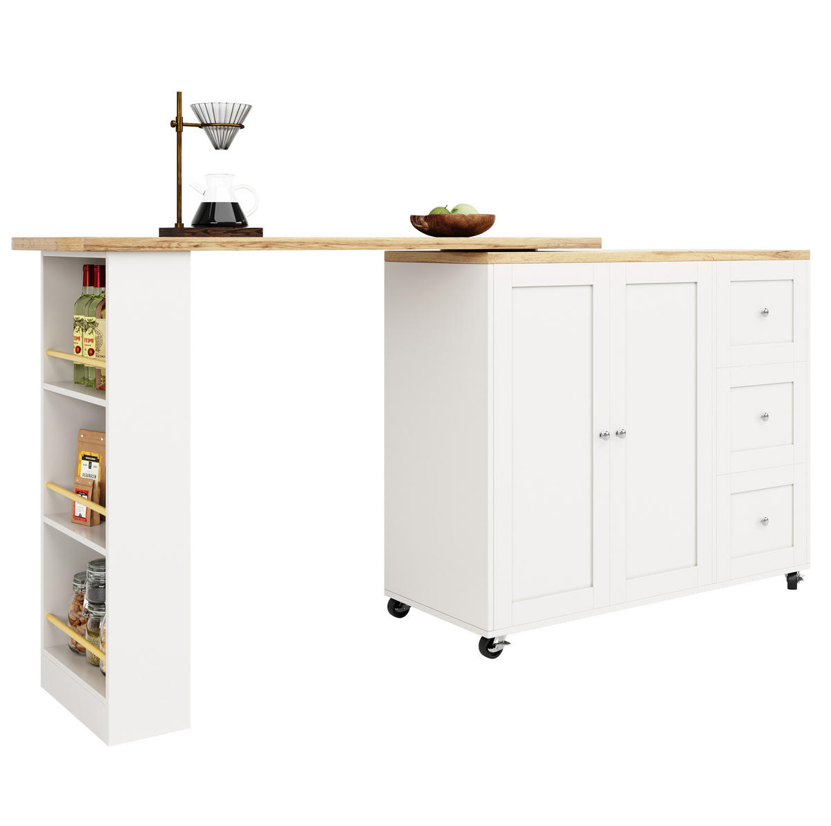 BARTISCH klappbar 135/39/106 cm in Weiß mit Rollen und Stauraum - Weiß, Holzwerkstoff (135/39/106cm) - BEAOK